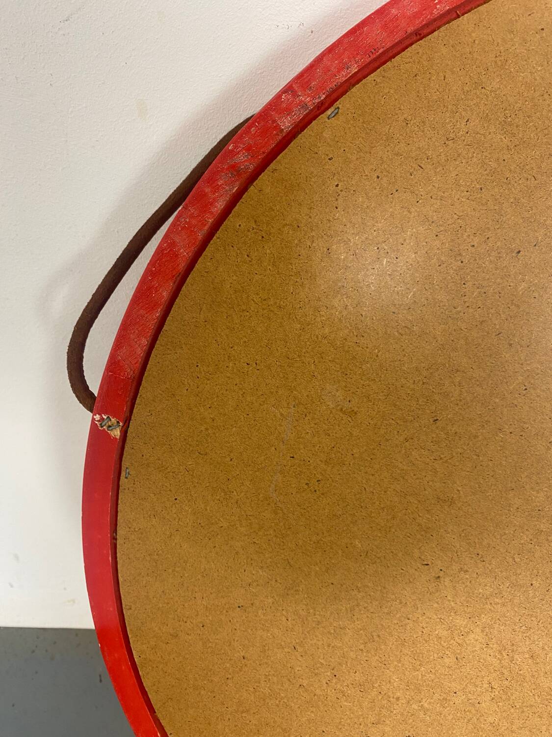 Mid-Century Scandinavian Red Round Wooden Mirror with Leather Strap, 1950s