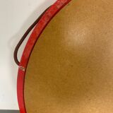 Mid-Century Scandinavian Red Round Wooden Mirror with Leather Strap, 1950s