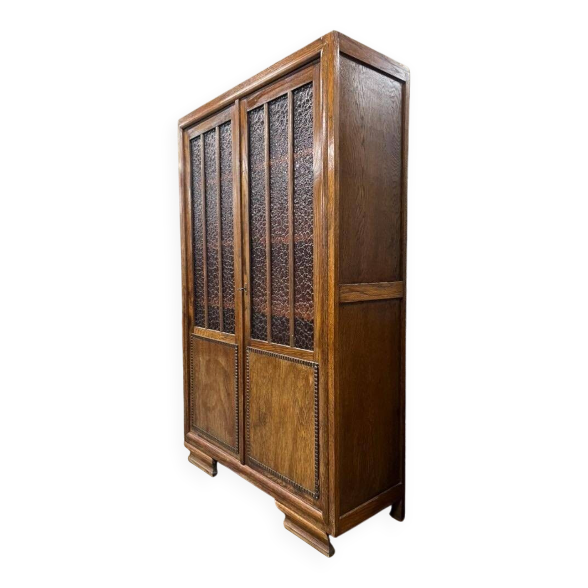Vintage wooden display cabinet with textured glass.