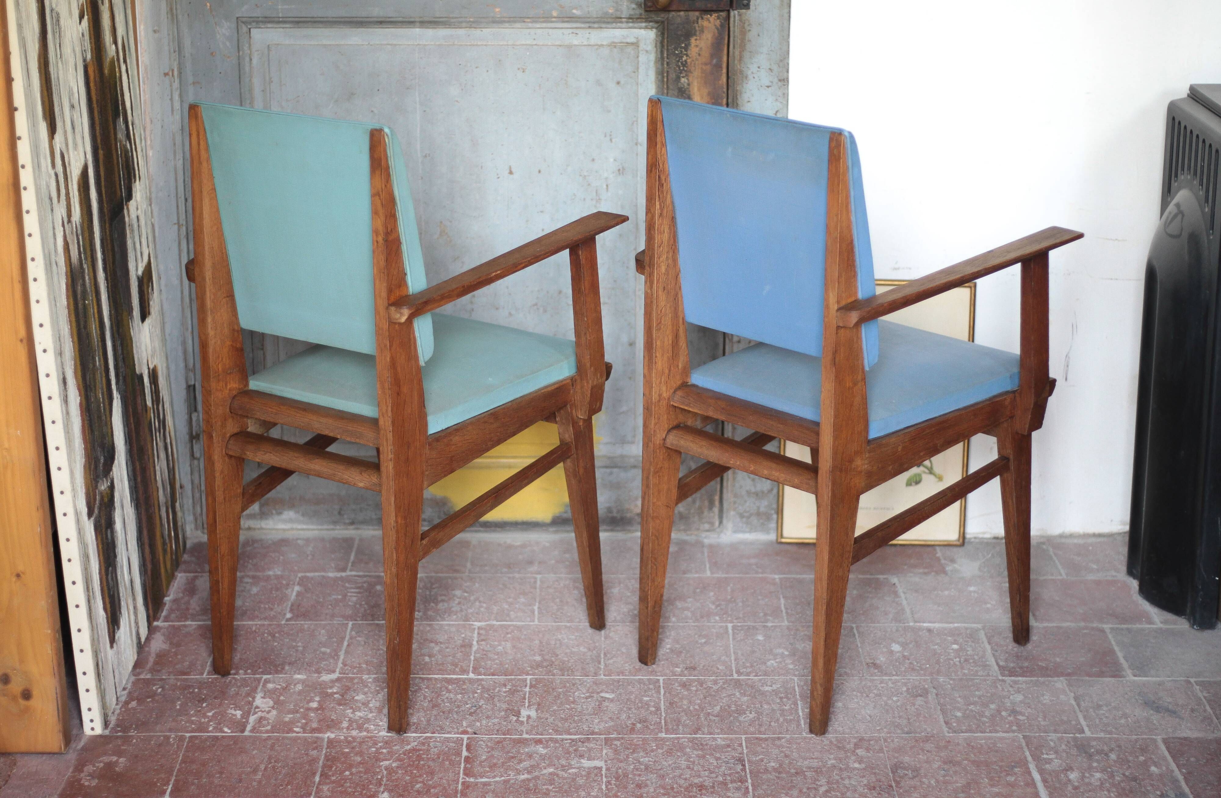 Pair of wooden bridge armchairs from the 1950s, vintage chairs.