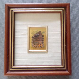 Small Alsatian house art chromolithograph painting on gold leaf