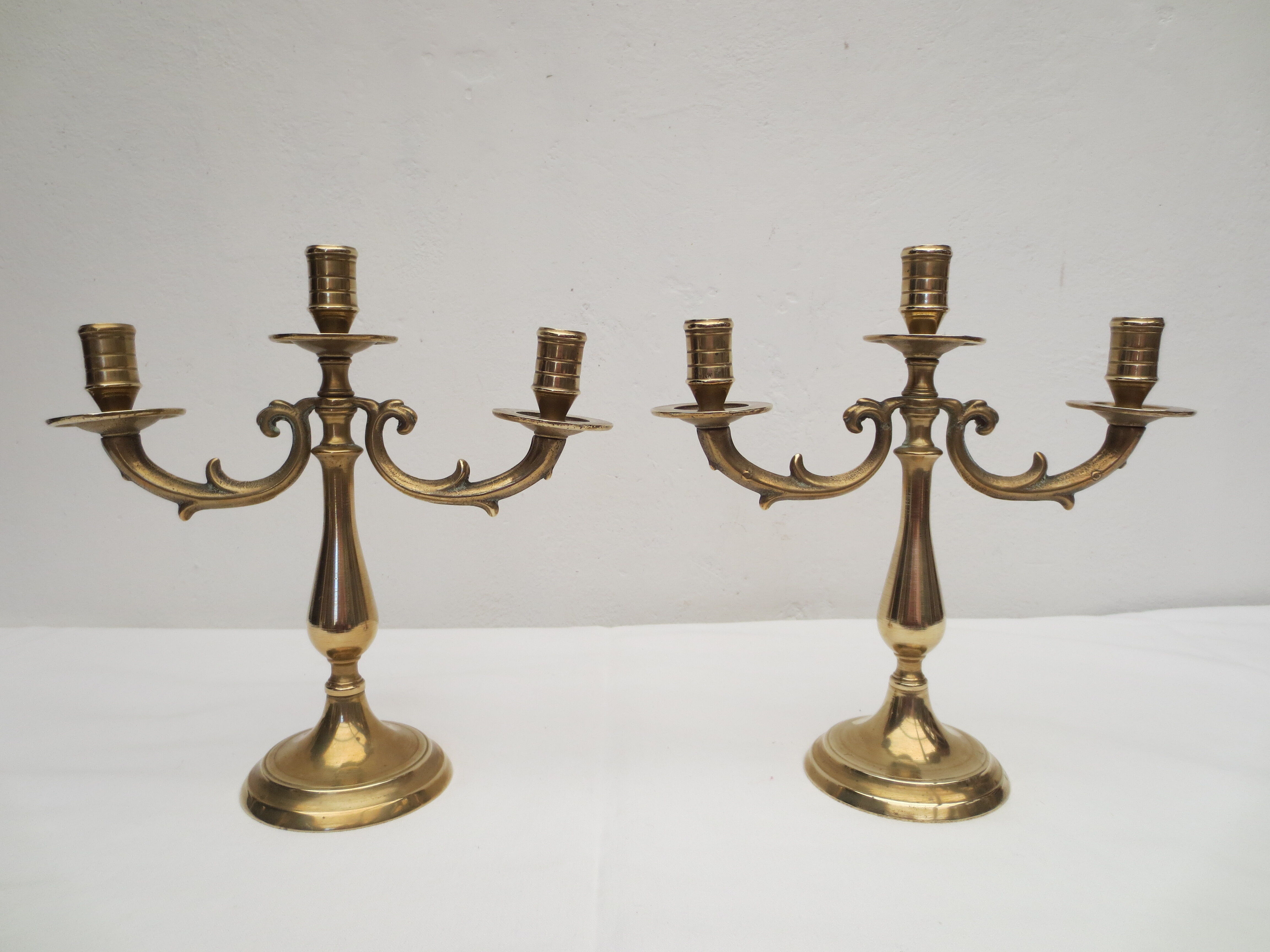 Pair of old brass candlesticks 3 branches