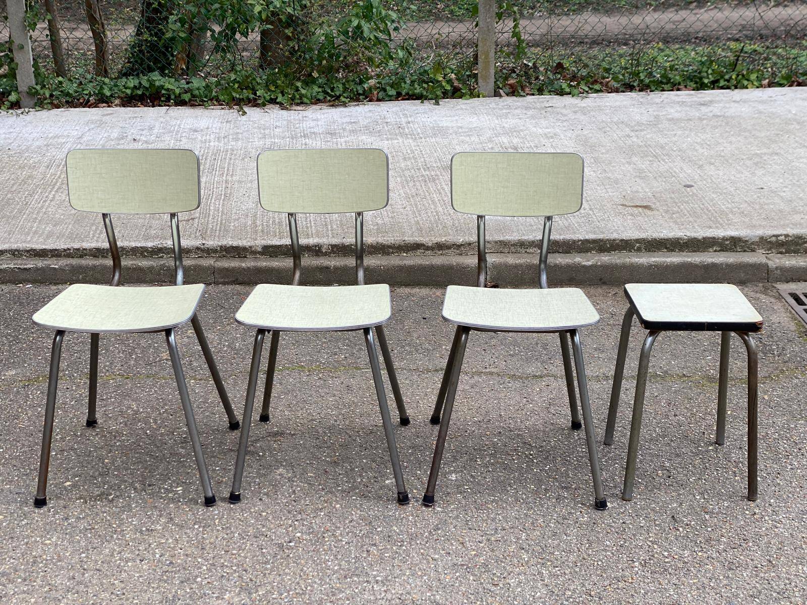 Set of 3 light green formica chairs by Plastilux from the 1950s.