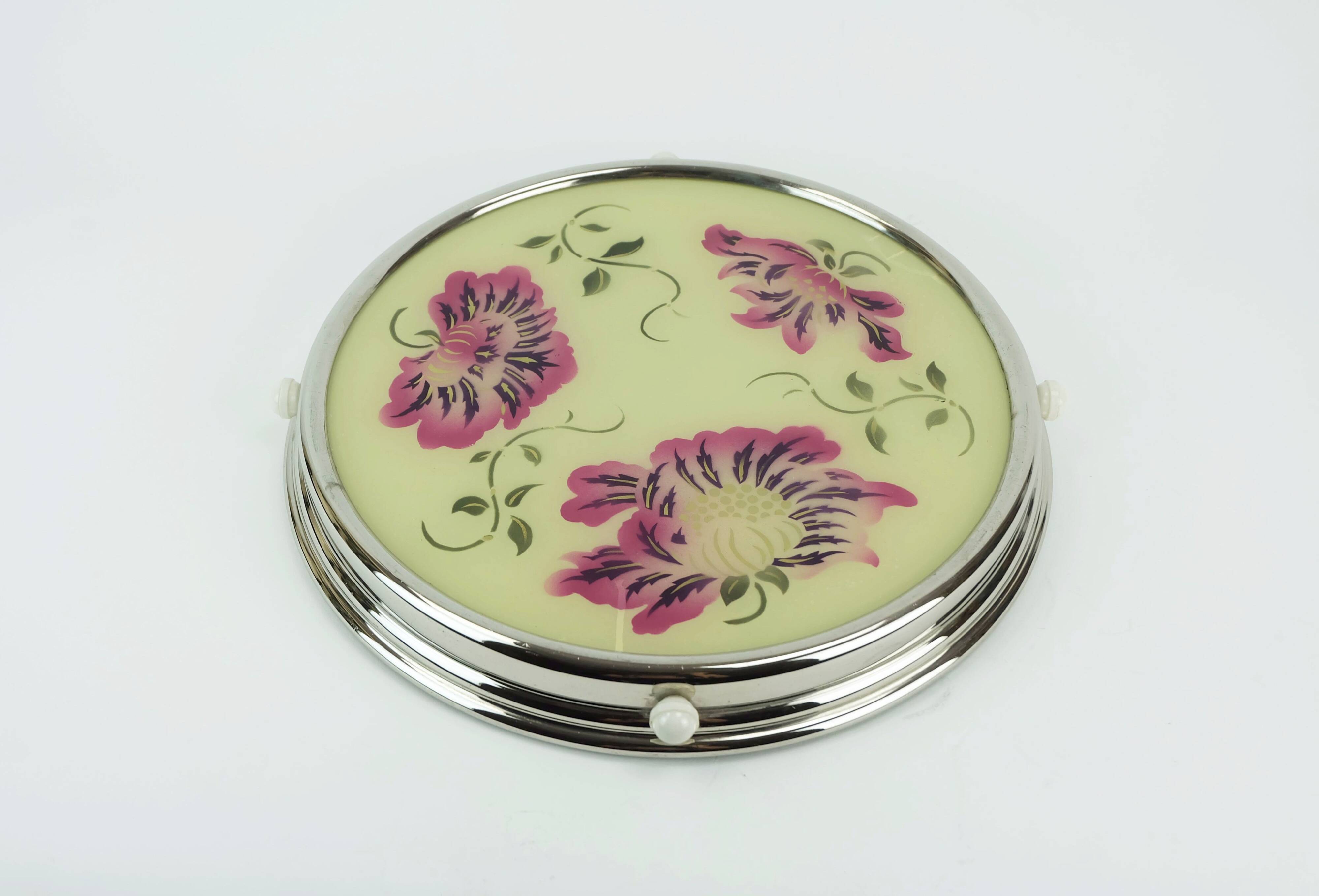 1930s rotatable cake platter glass chrome with pink and purple flower decor