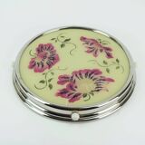1930s rotatable cake platter glass chrome with pink and purple flower decor