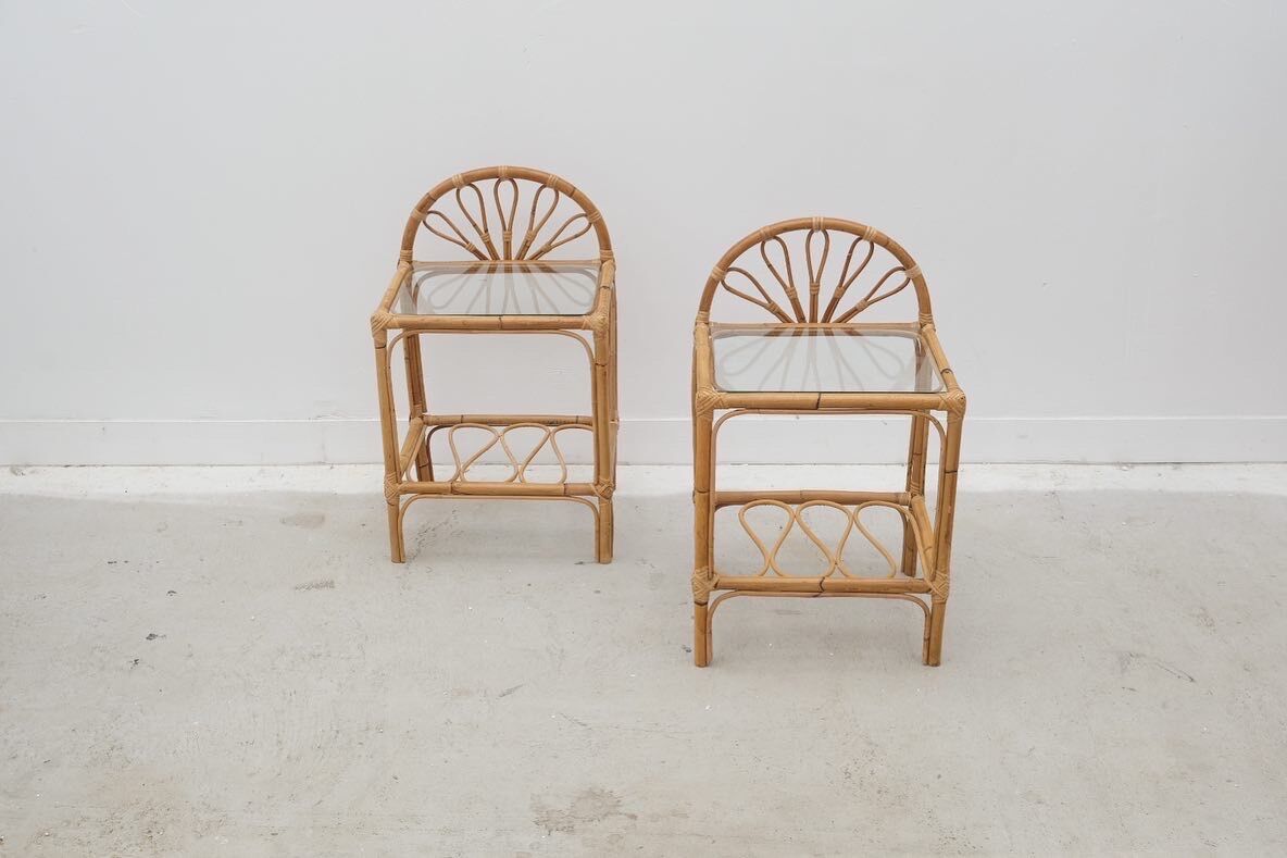 Pair of rattan and glass bedside tables, France 1970
