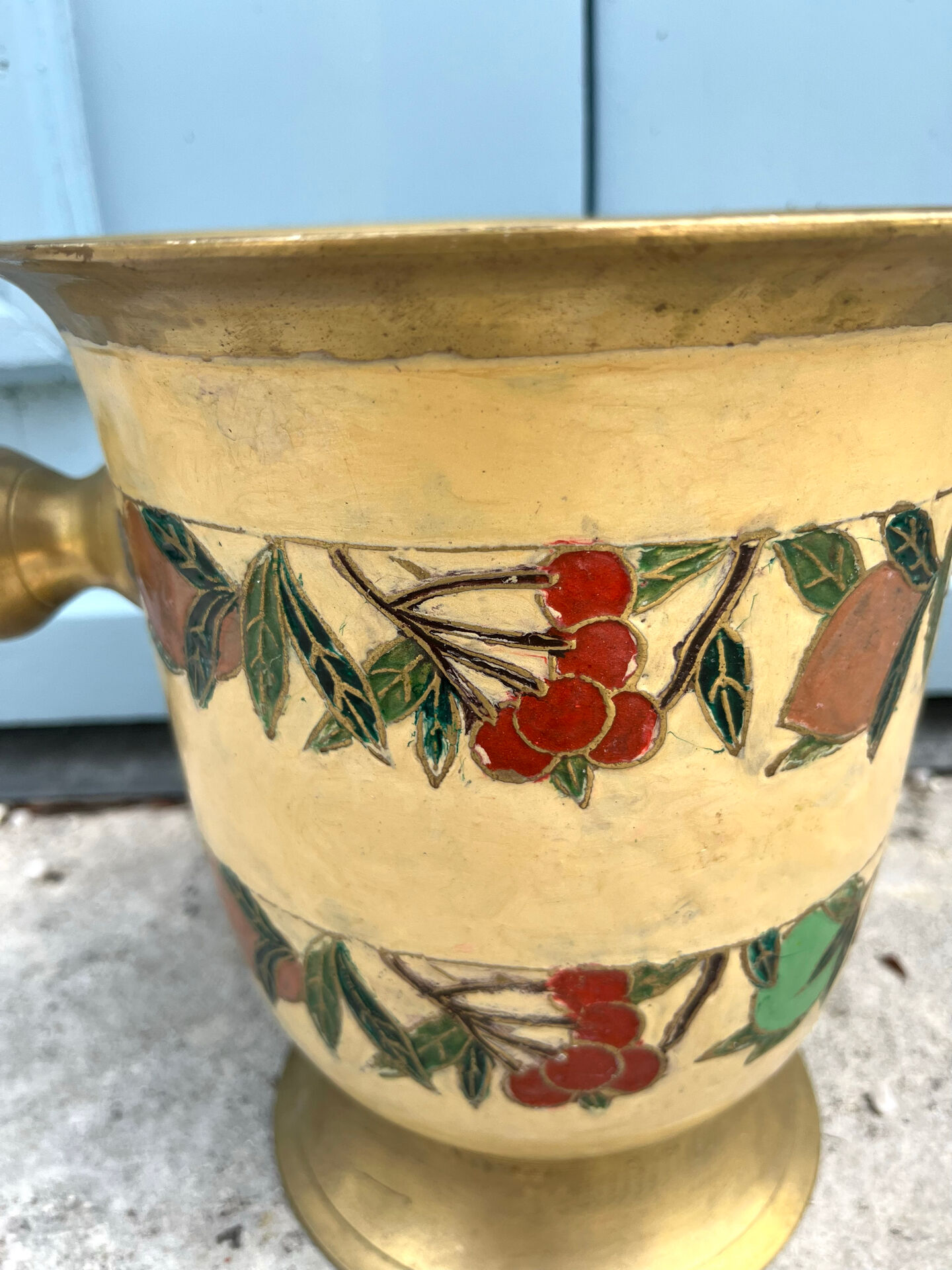 French Brass Cloisonné Style Champagne Bucket with Hand-Painted Fruit