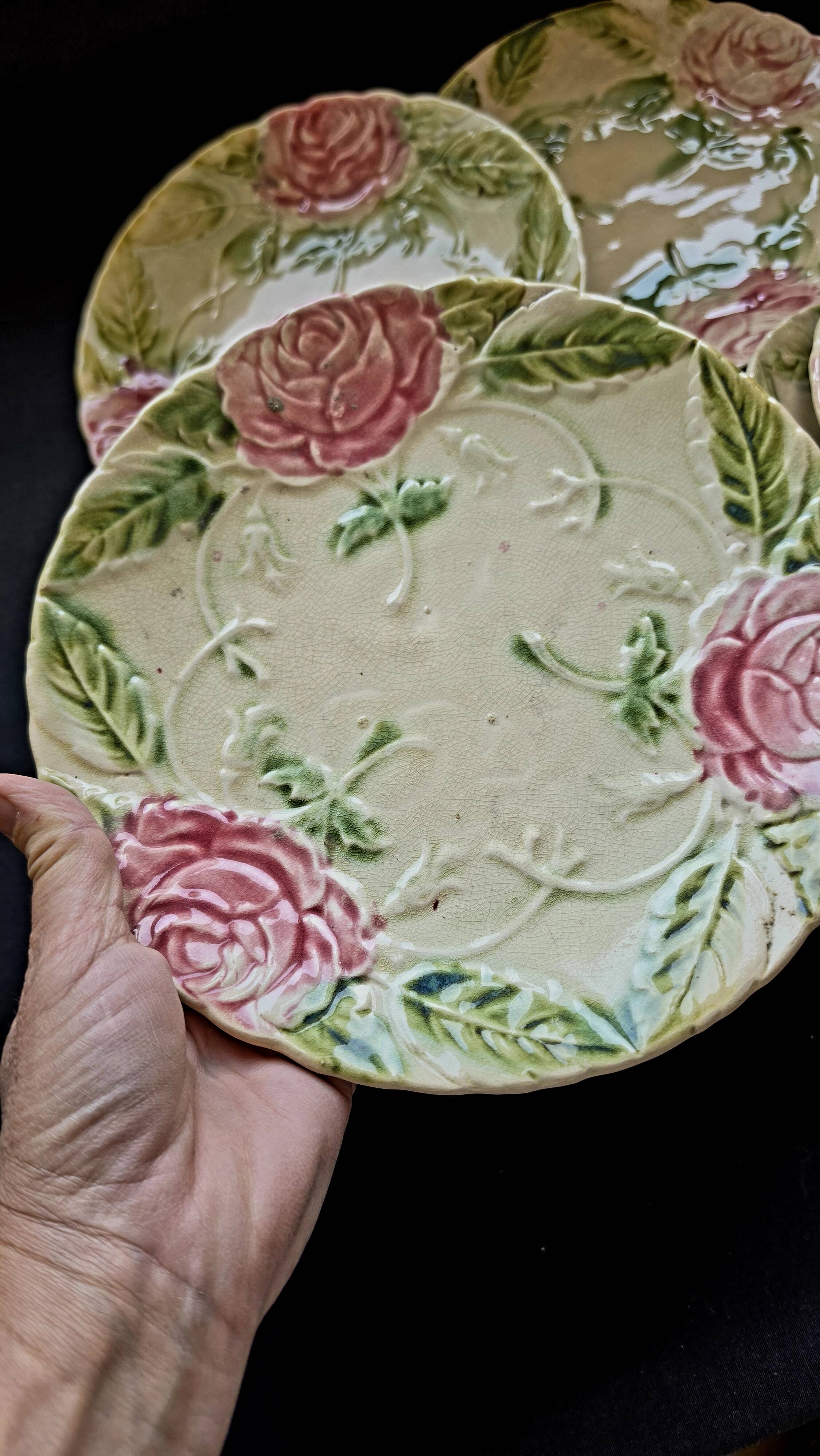 Exclusive antique dessert service in faience/terracotta with slip from 1900.
