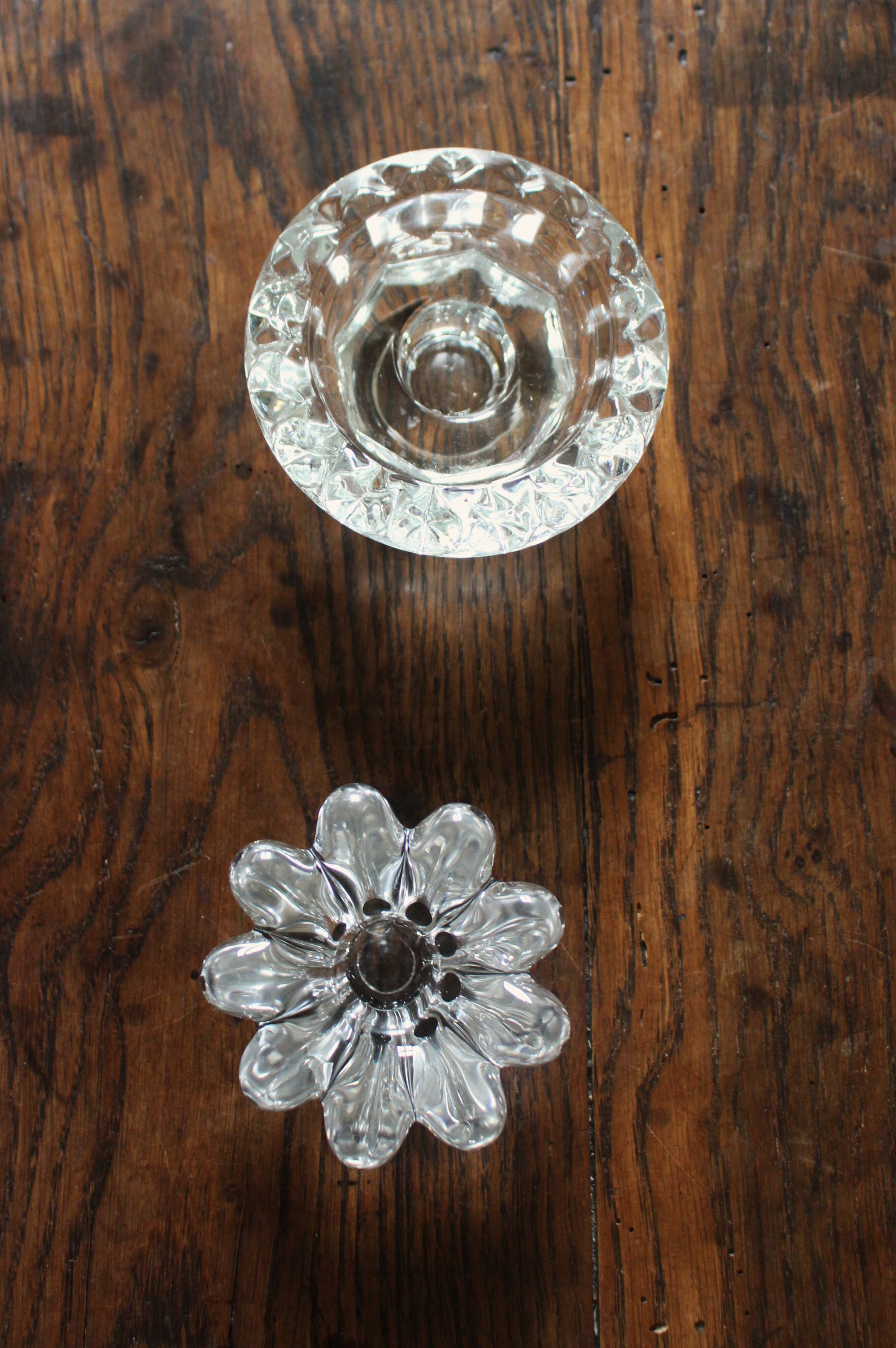 Set of 2 vintage glass candle holders with flower carving