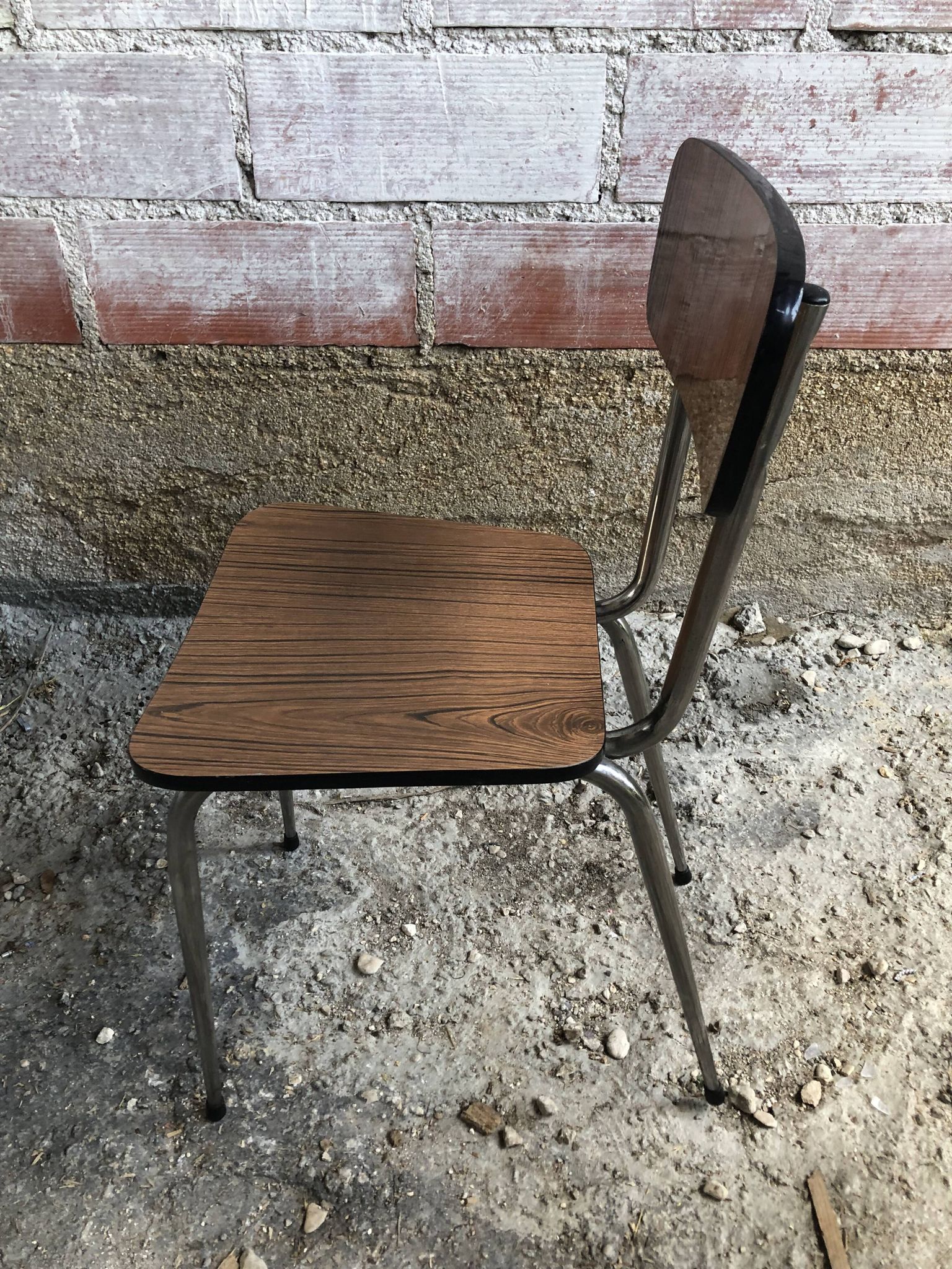 Old chair kitchen formica brown wood + feet compass metal chrome vintage