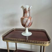 Vintage footed vase in white opaline, marbled/marble effect decoration from the 60s.