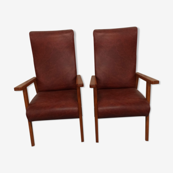 Paire de fauteuils skaï marron