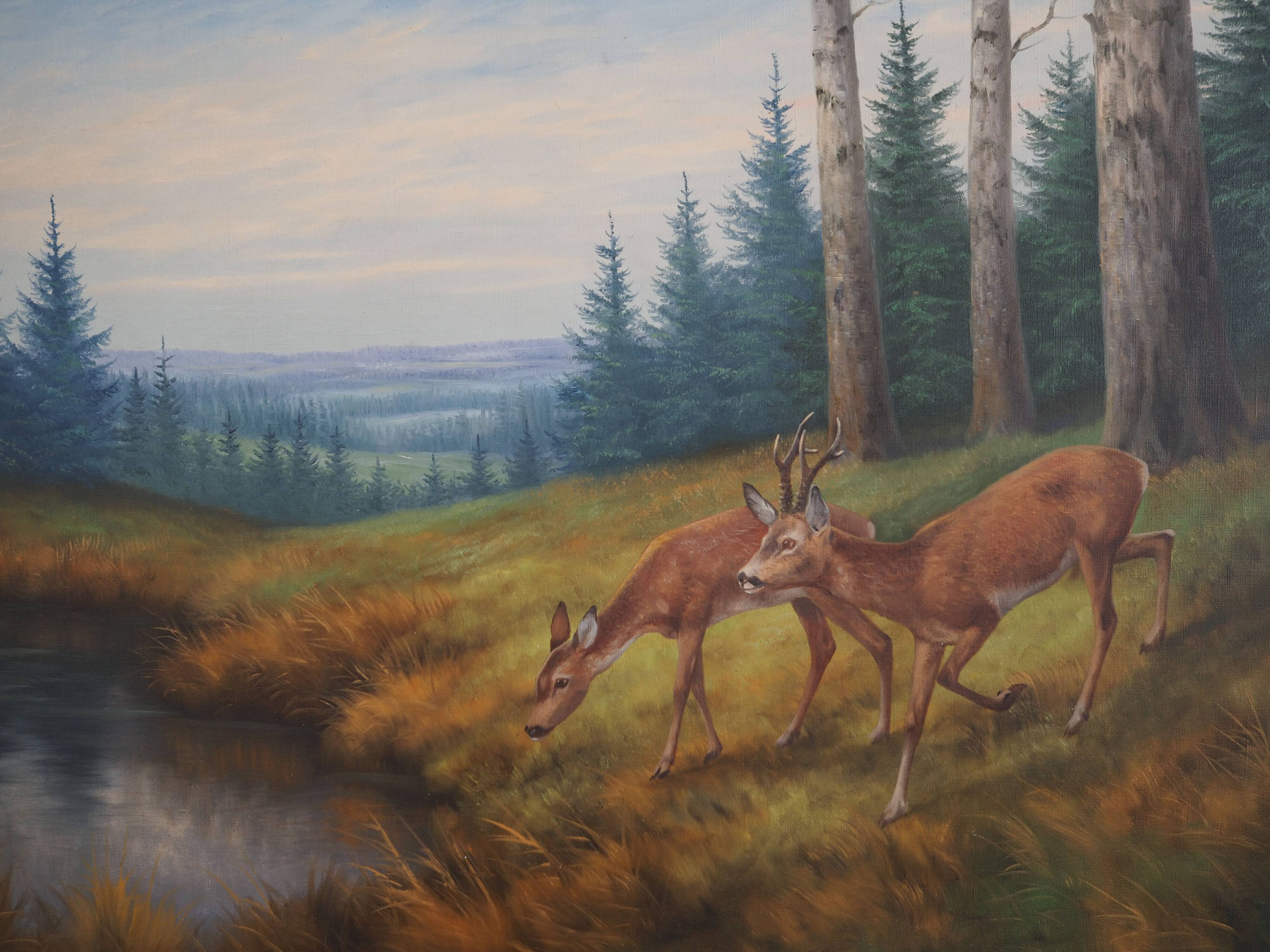 Peinture « Deux cerfs au bord de l'eau », design danois, années 1960, de Wolmer Zier