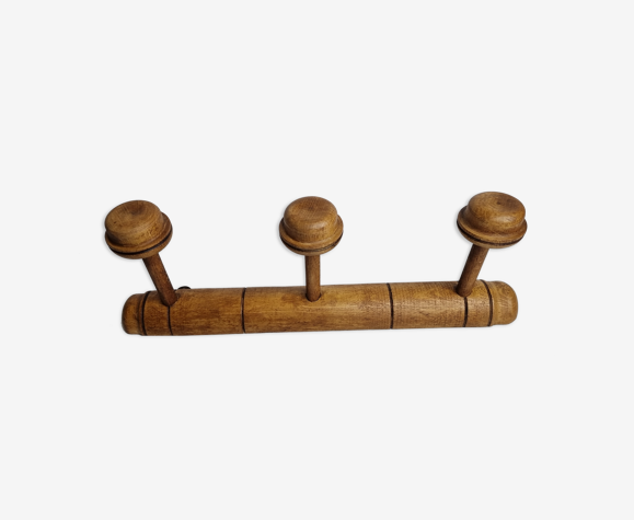 Ancien portemanteau en bois tourné, 3 patères, 40 cm