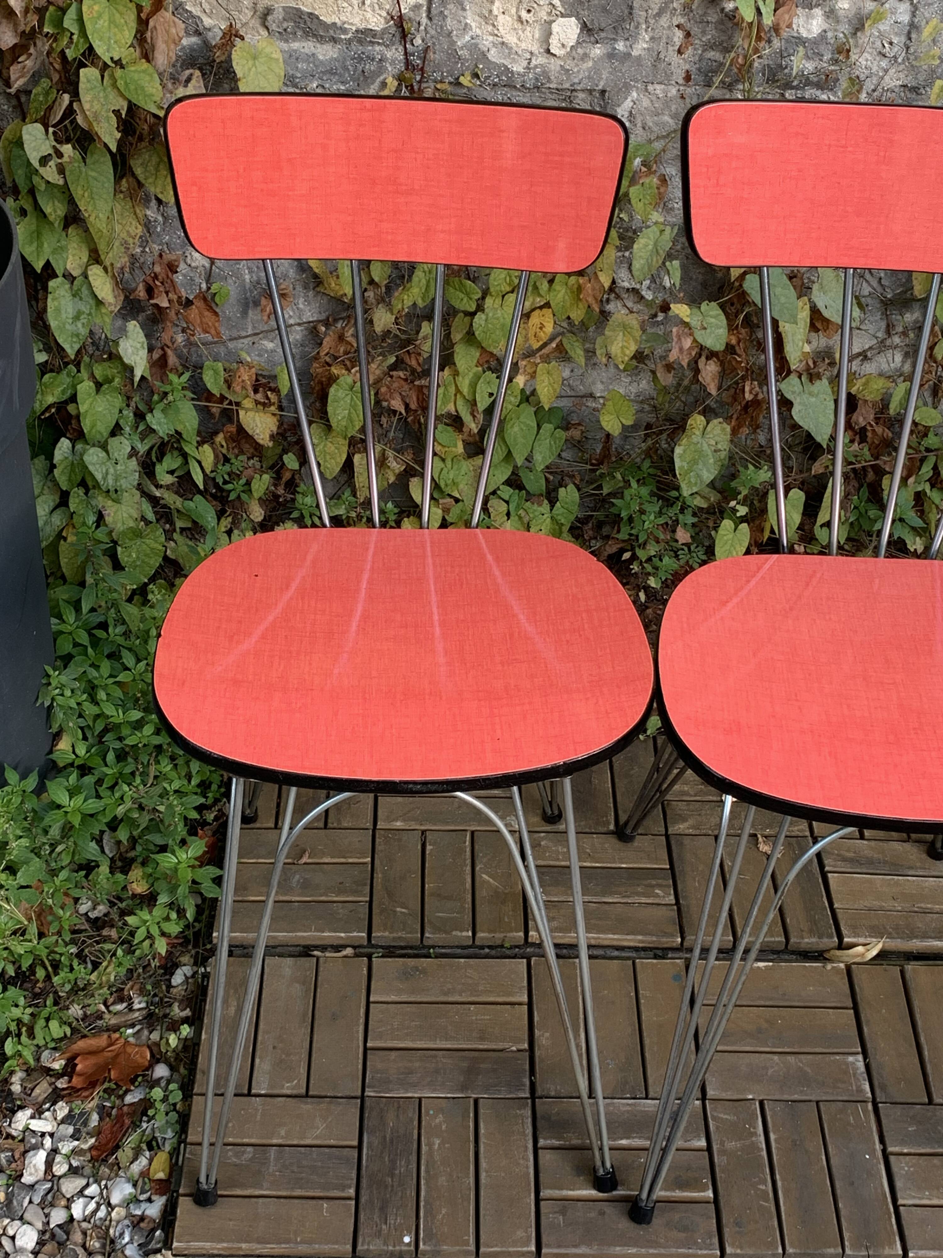 4 red Formica chairs with Eiffel legs, 1950s