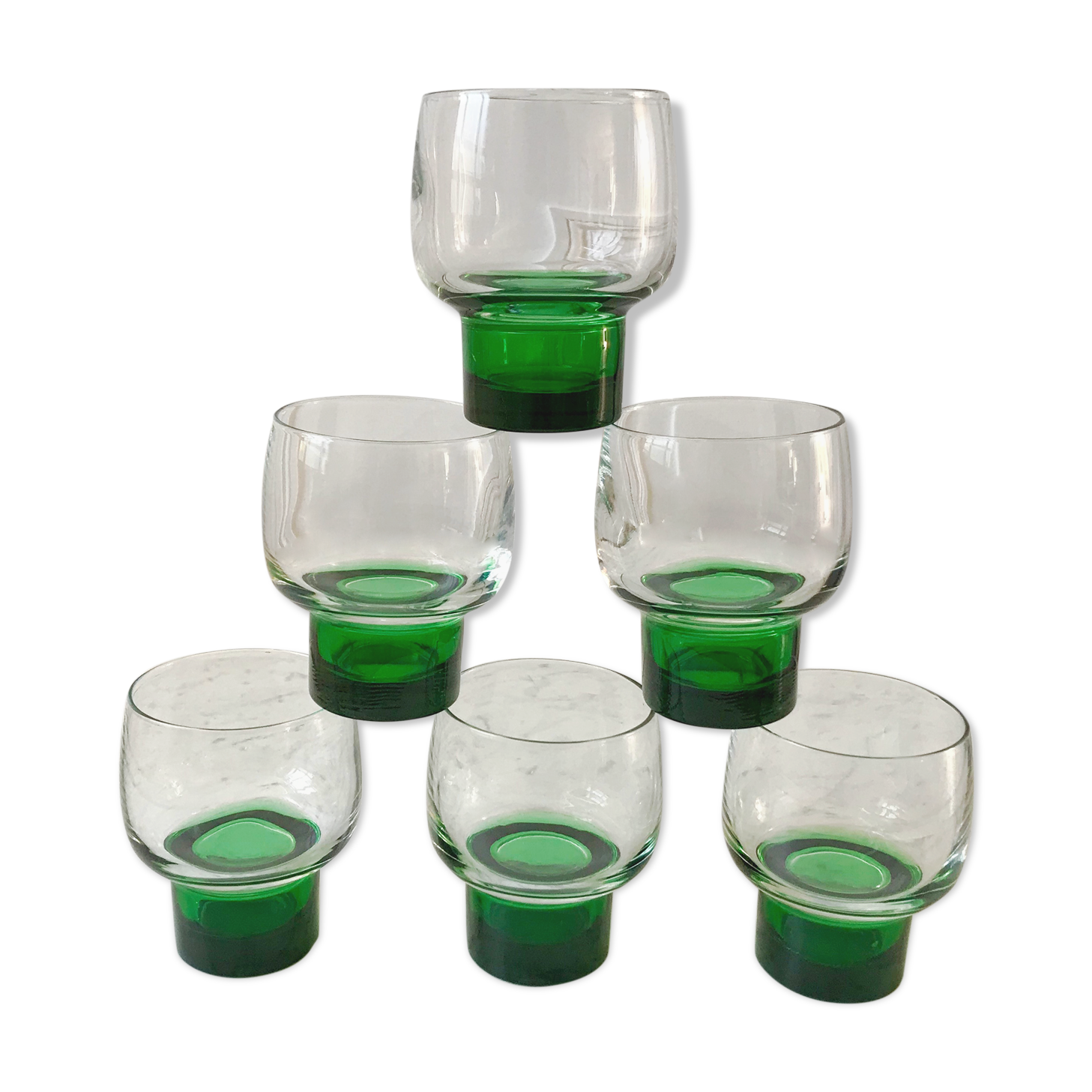 Lot de 6 verres à vin verts années 70