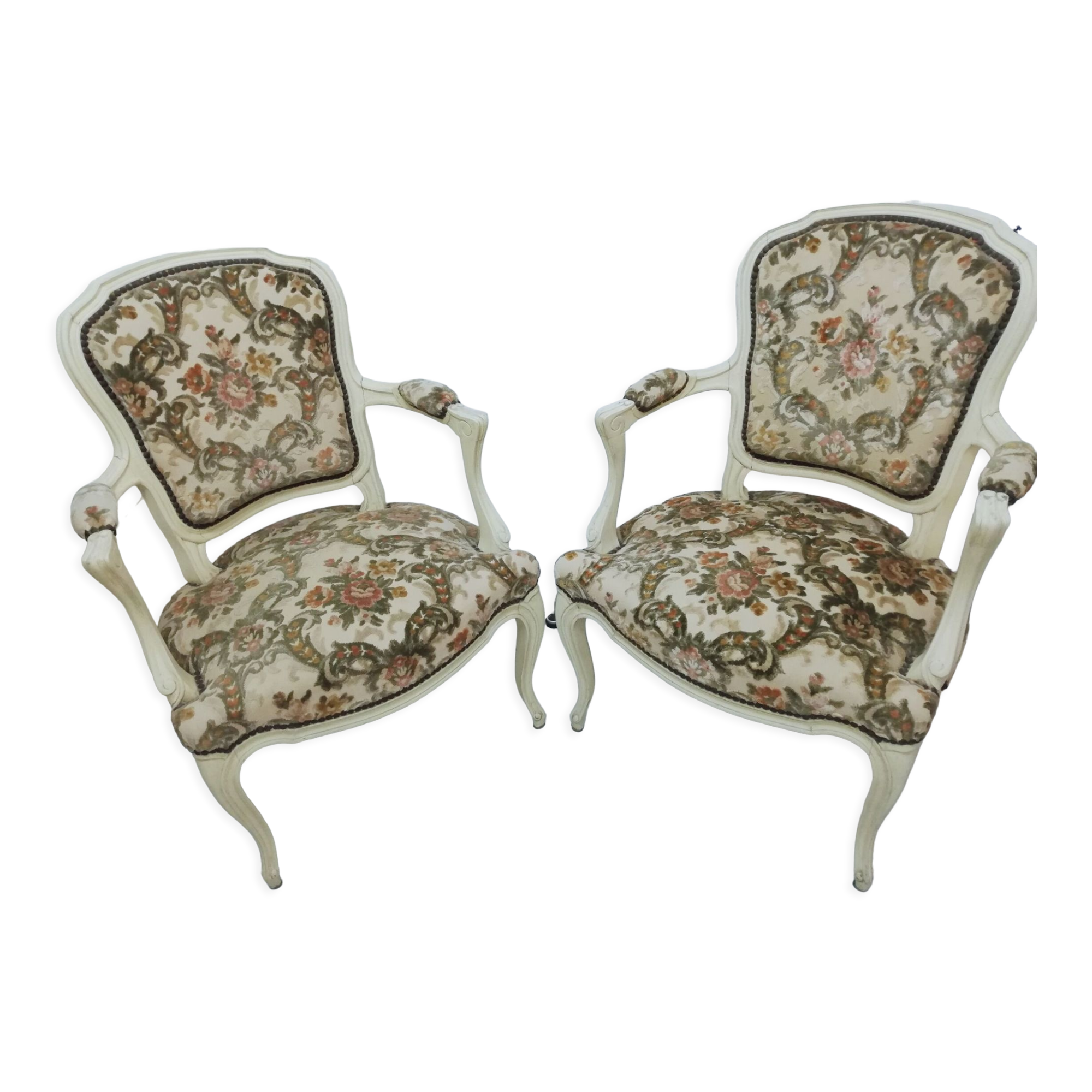 Pair of armchairs in Louis XV style seat and embroidered fabric back