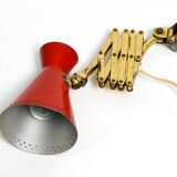 1950s brass extendable scissor wall lamp with aluminum diabolo shade in red