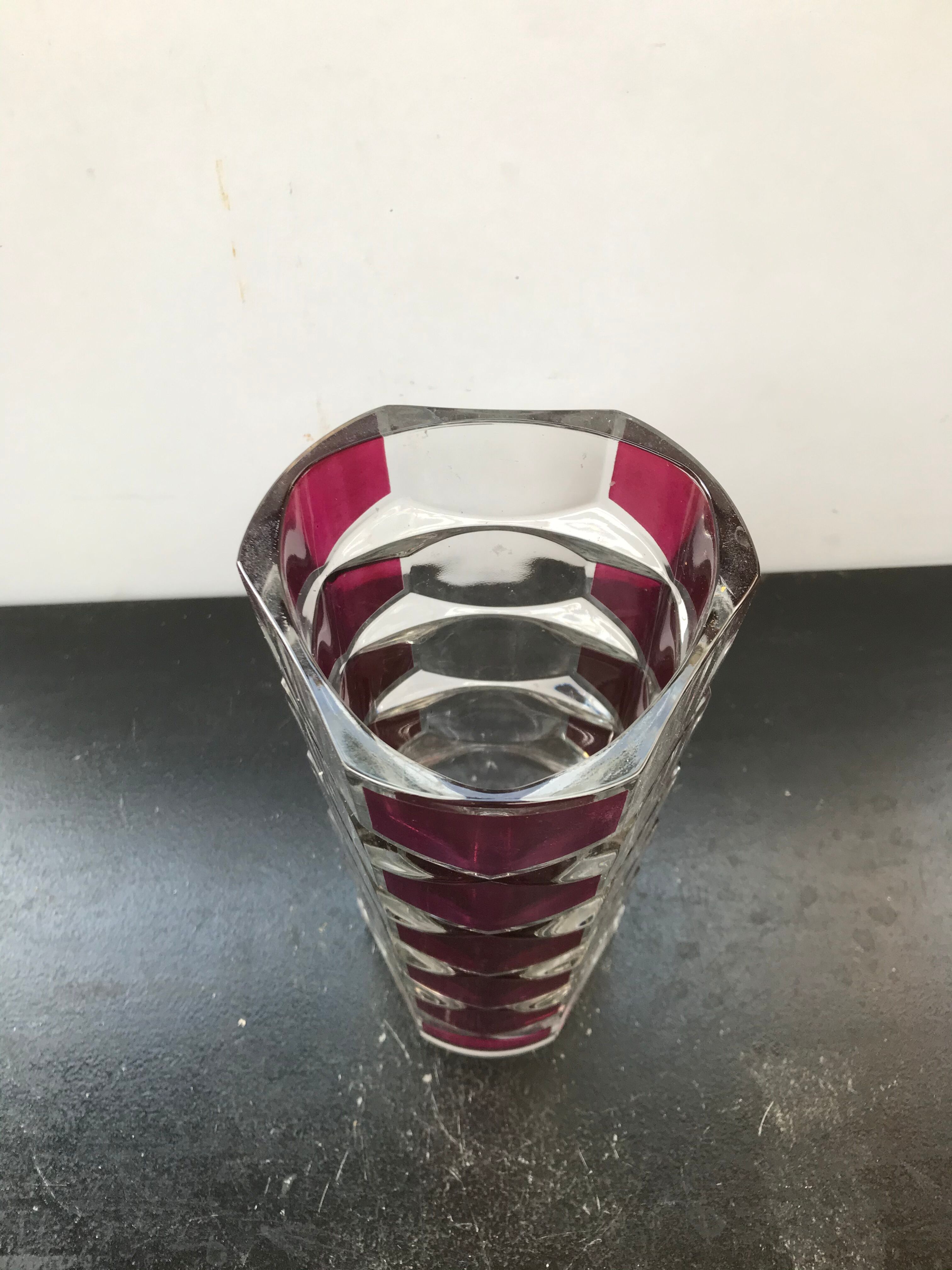 Designer transparent & red glass vase made in France vintage