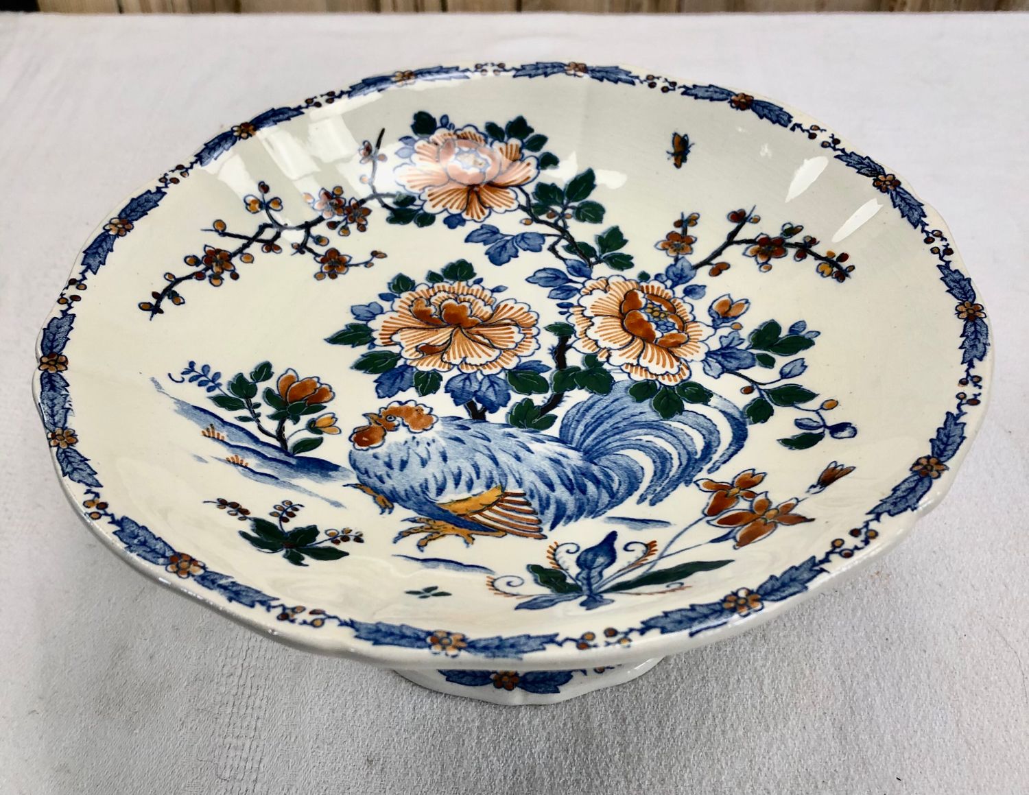 Compotier fruit cutters on pedestal Gien rooster and peonies 1938 1960