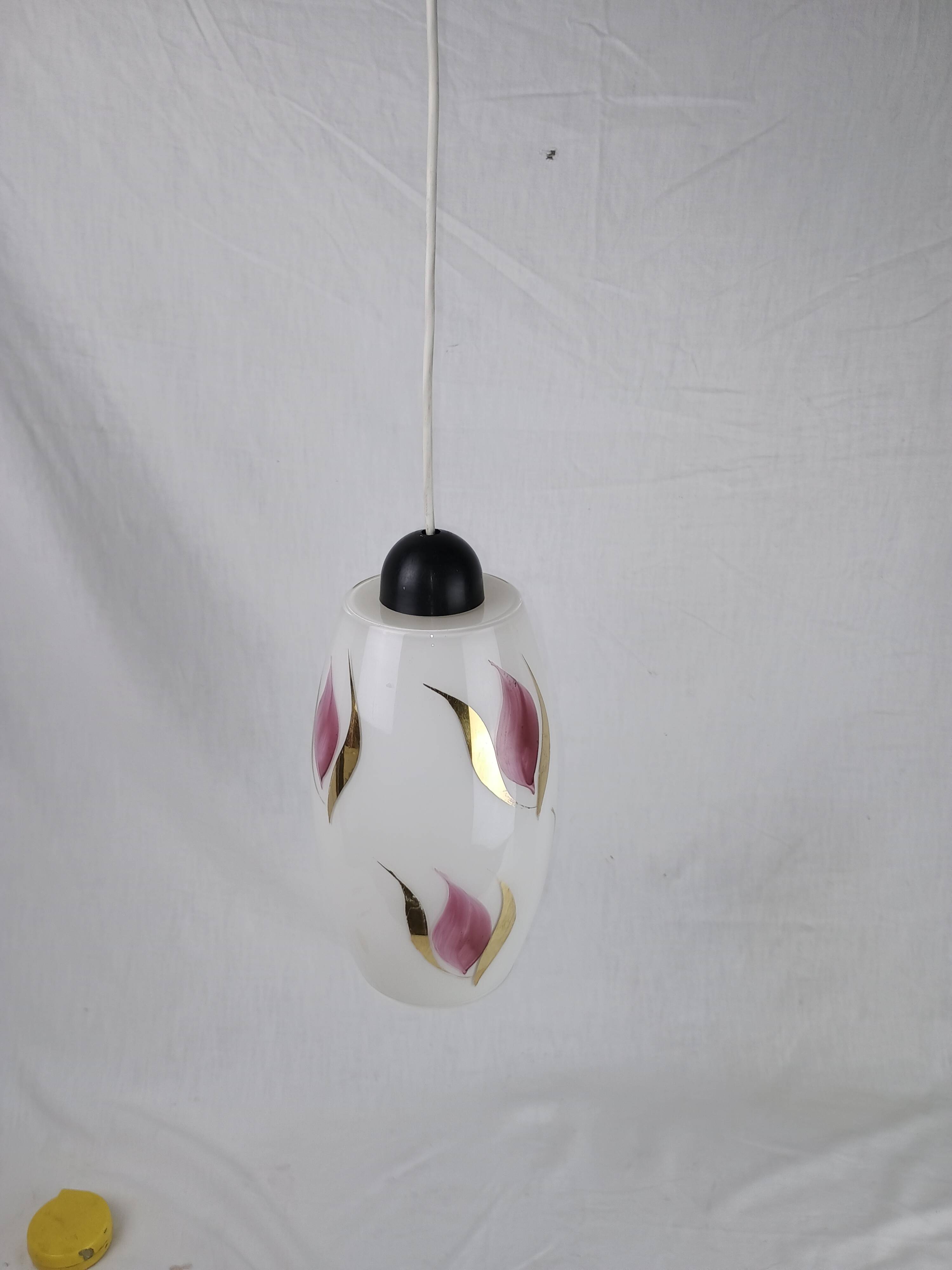 Vintage 1950s Pendant Light, Cream White Glass, Pink and Gold Flower Pattern, ARLUS