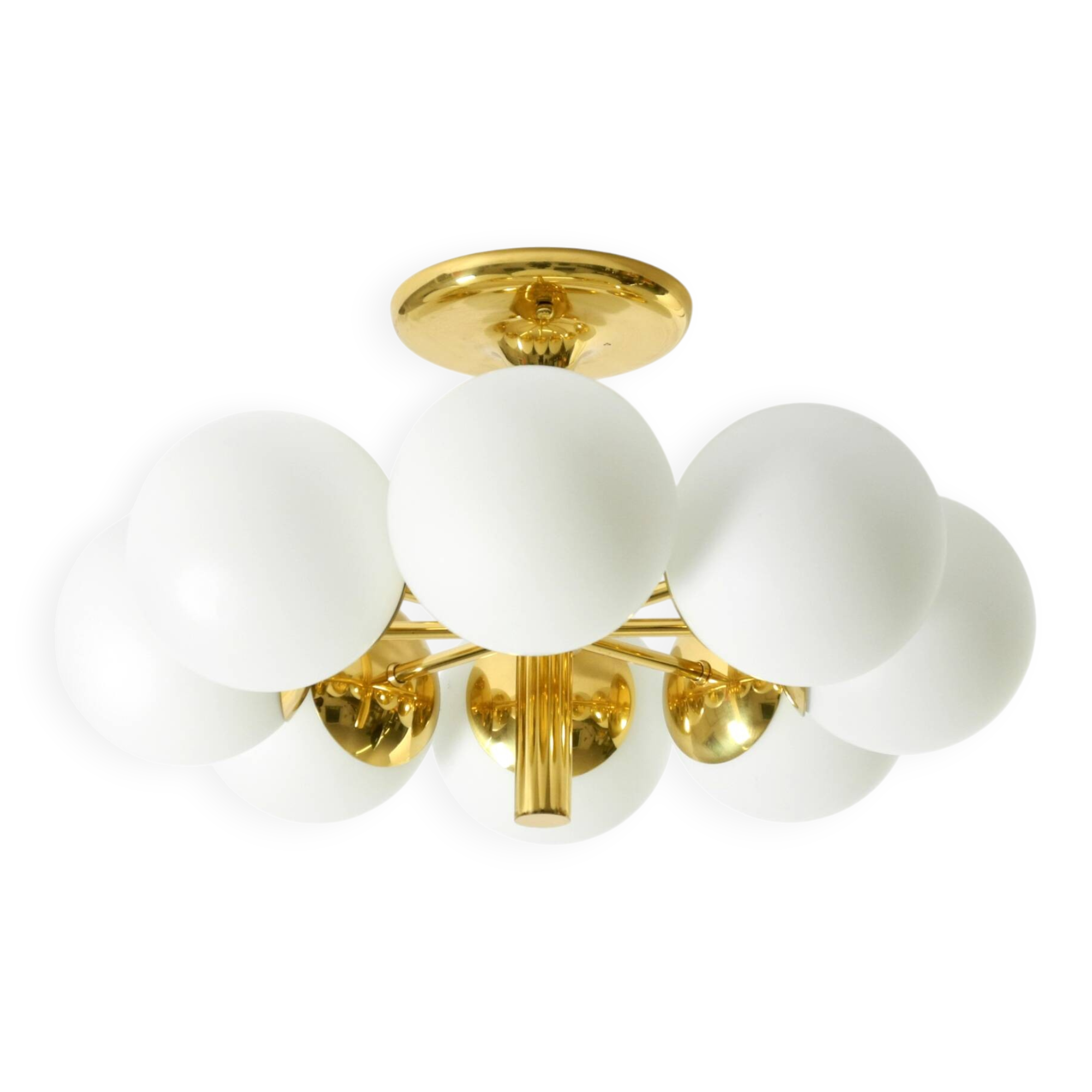 1960s Space Age brass ceiling lamp with 8 glass balls by Kaiser Leuchten