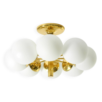 1960s Space Age brass ceiling lamp with 8 glass balls by Kaiser Leuchten