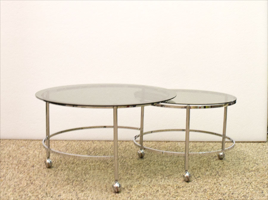 Two-tier swivel coffee table in chromed steel and crystal, 1970s