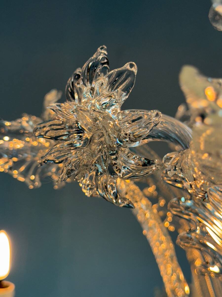 Venetian chandelier in colorless Murano glass with 6 light arms circa 1940