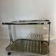 1970s chrome and smoked glass side table with magazine and vinyl rack.