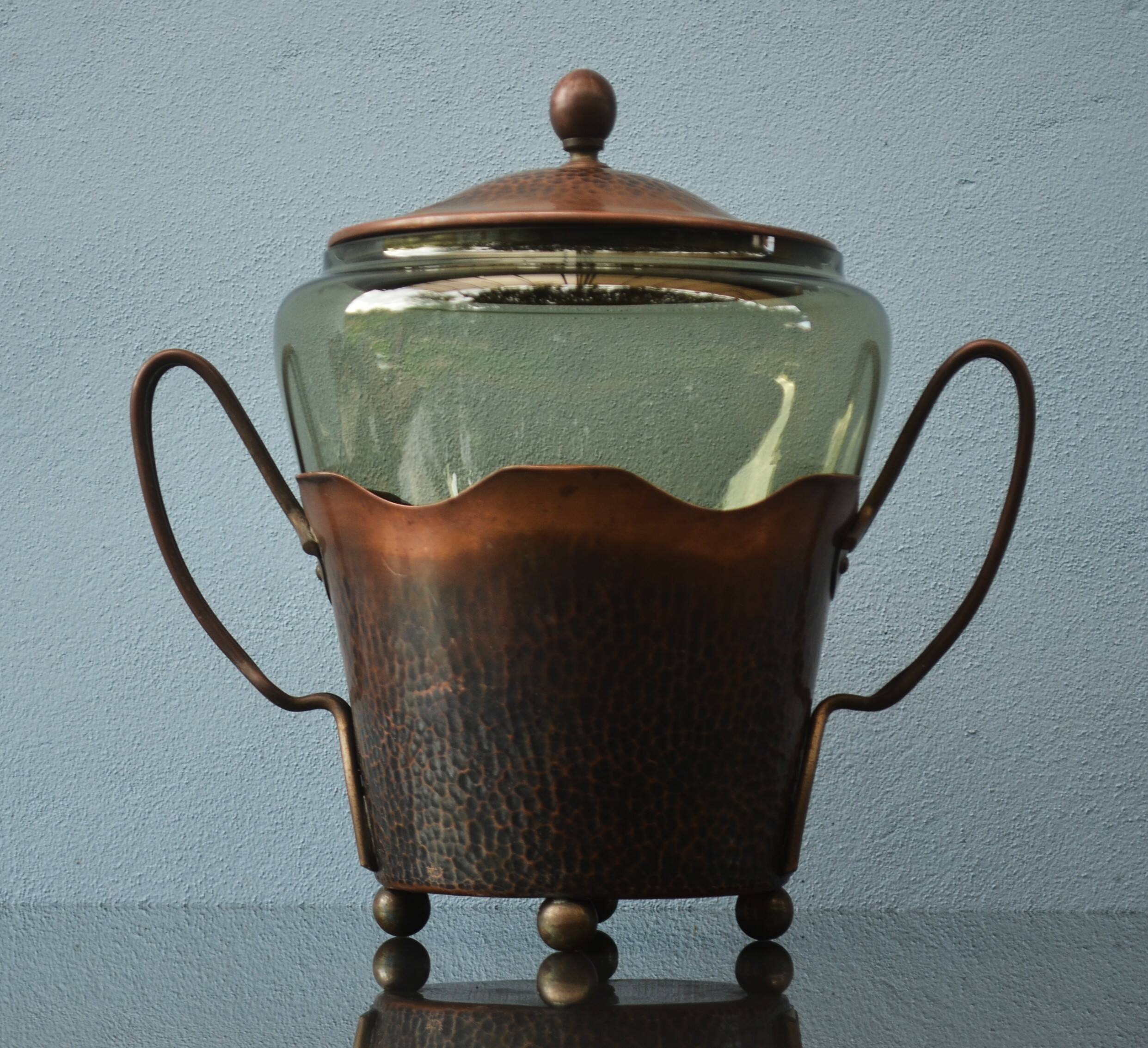 Art Nouveau Smoked Glass Punch Bowl Copper Crafted by Carl Deffner