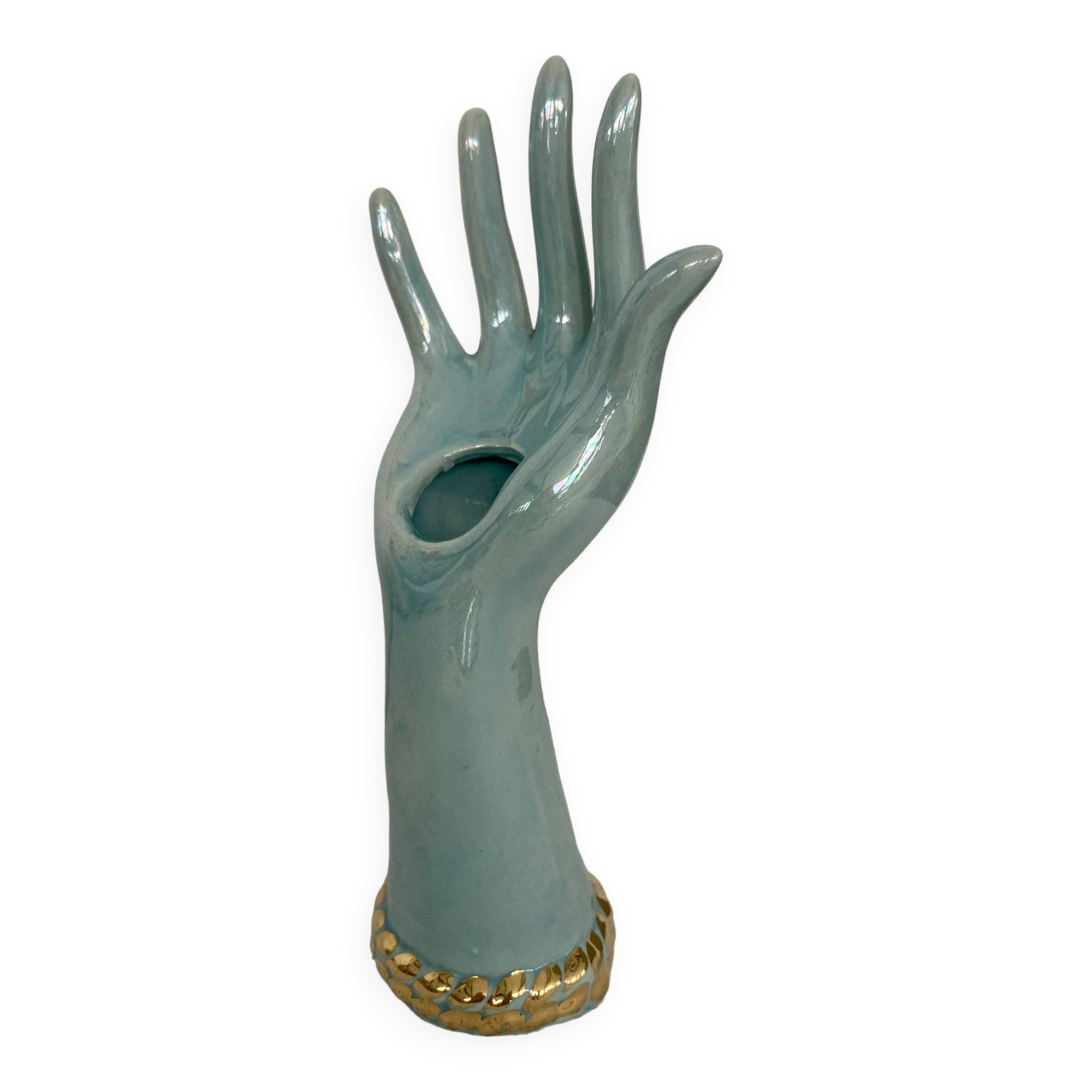 Main soliflore bleu vert irisé et or