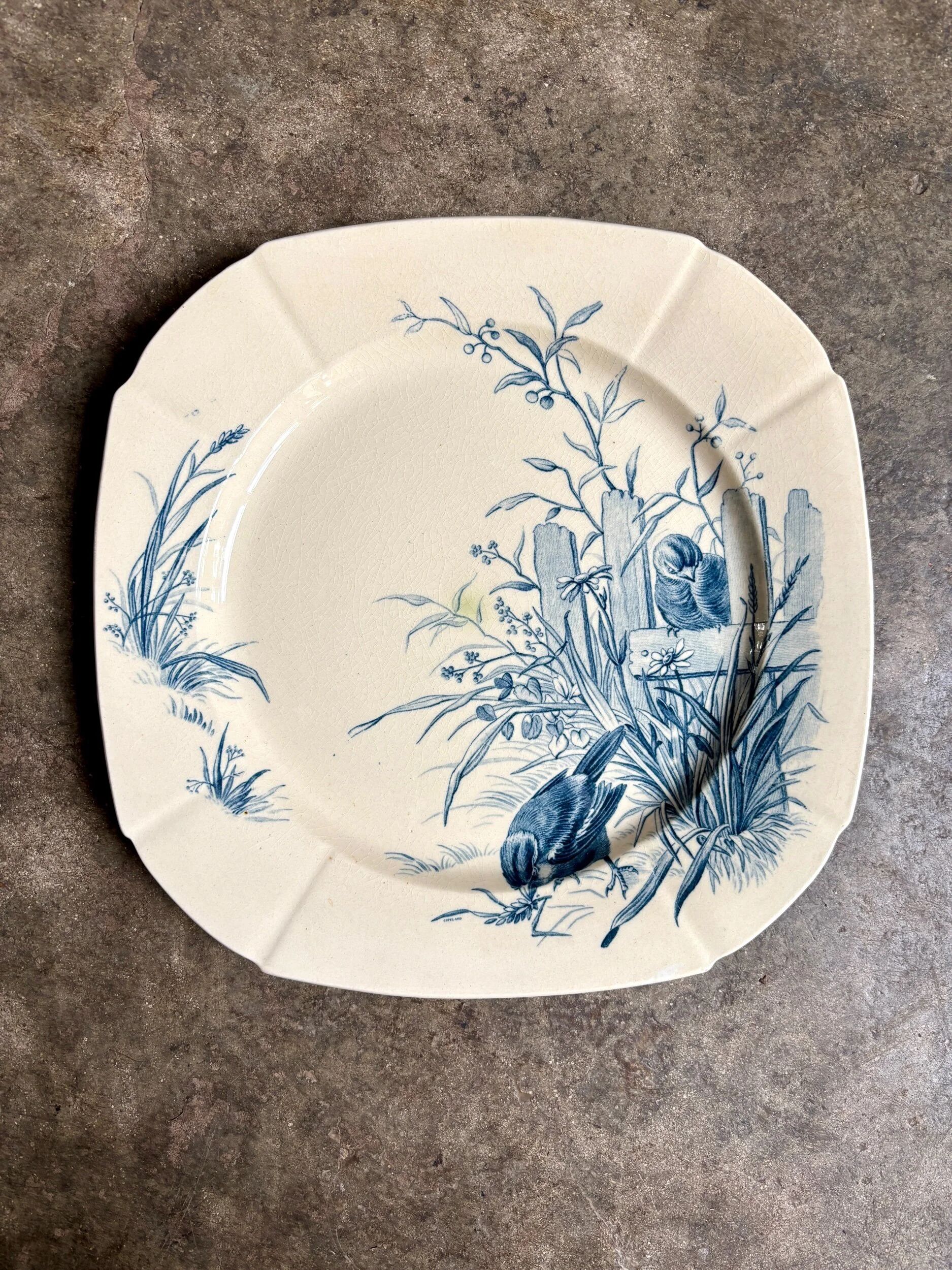 Blue ironstone plate from Gien, "Birds" service, circa 1870, no. 2.