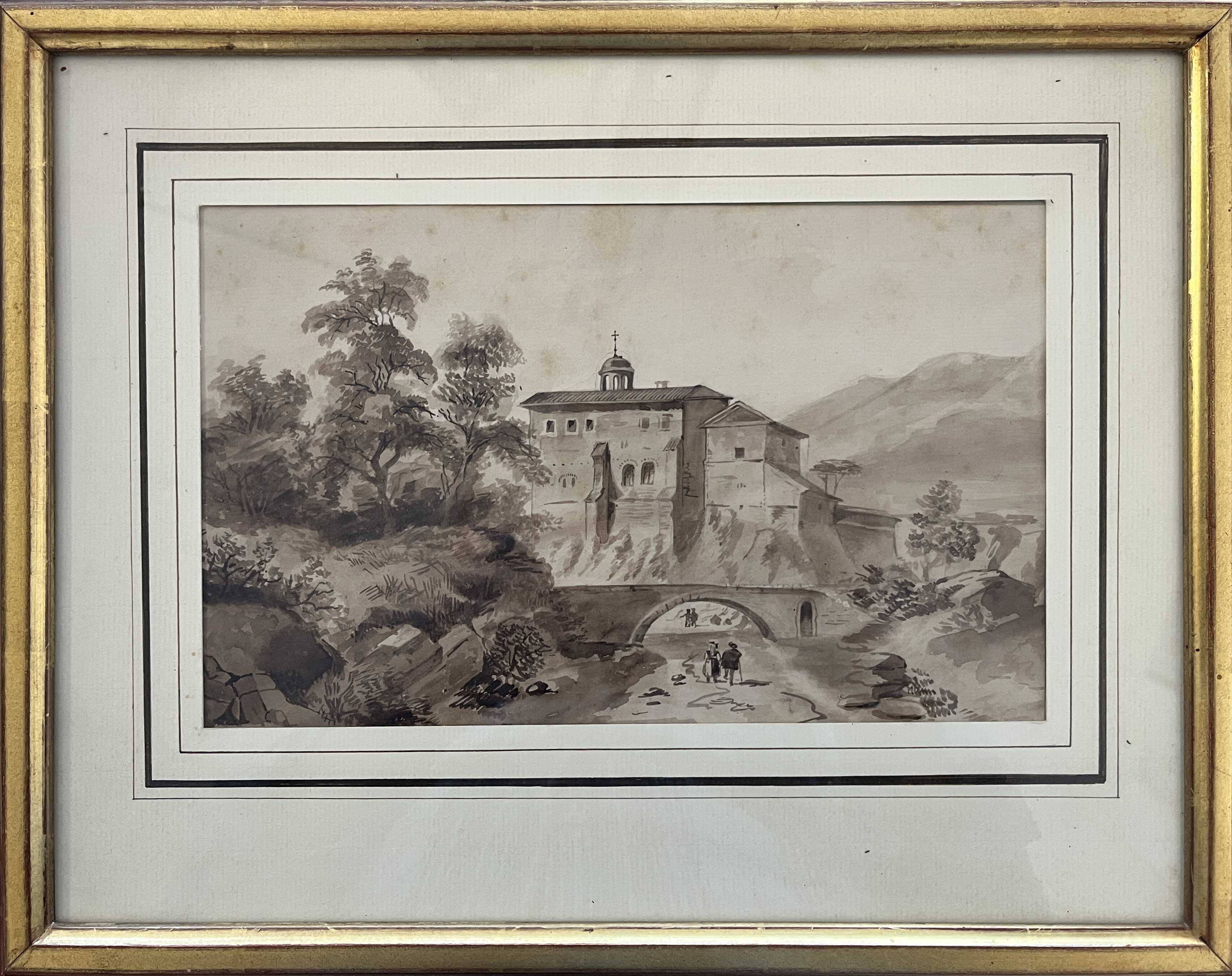 Original painting "Animated Monastery Landscape" around 1850 Italy?
