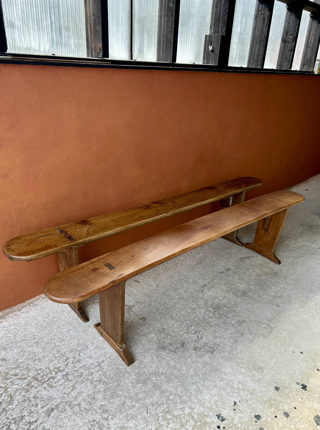 Pair of wooden farm benches