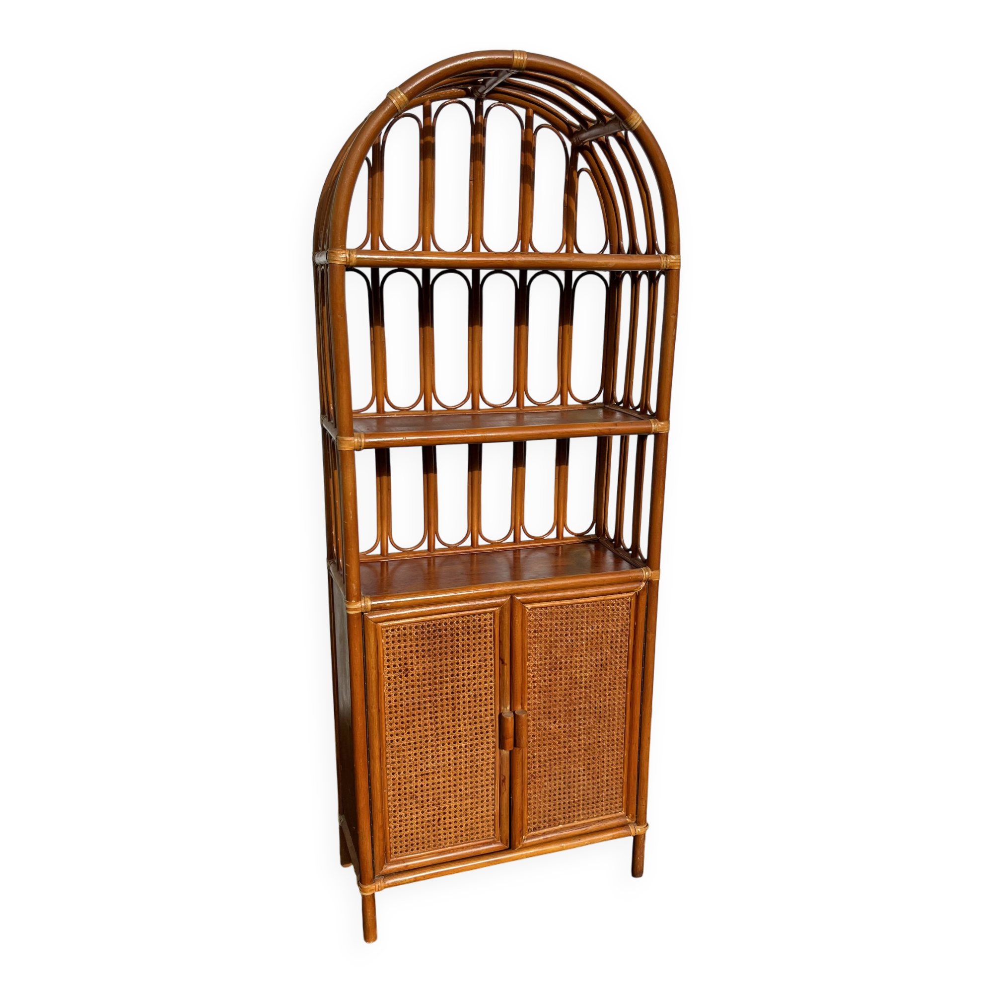 Vintage rattan, wood and cane shelf bookcase