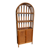 Bibliothèque étagère vintage en rotin, bois et cannage