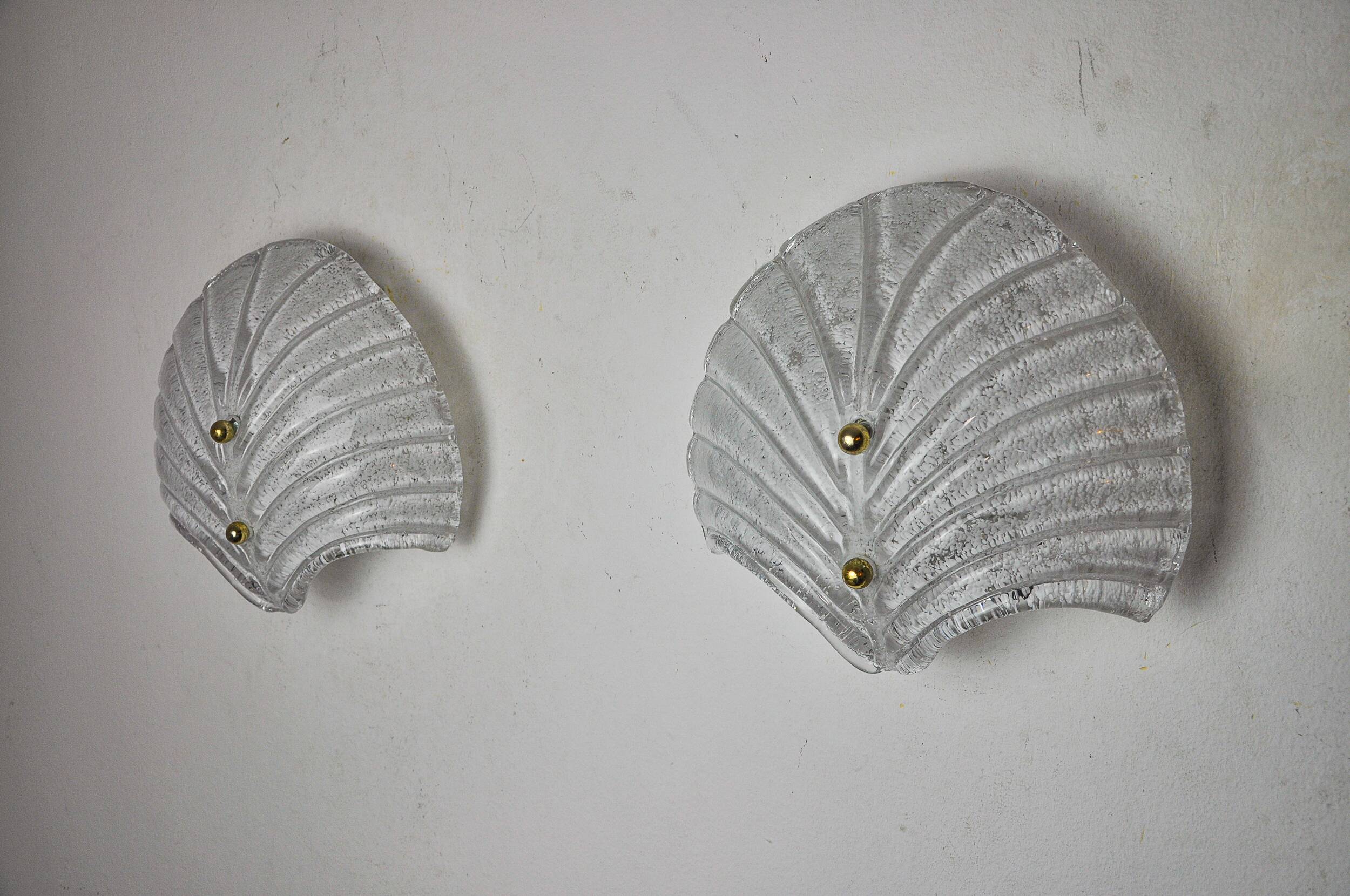 Pair of XL shell wall lights, frosted Murano glass, Italy, 1980