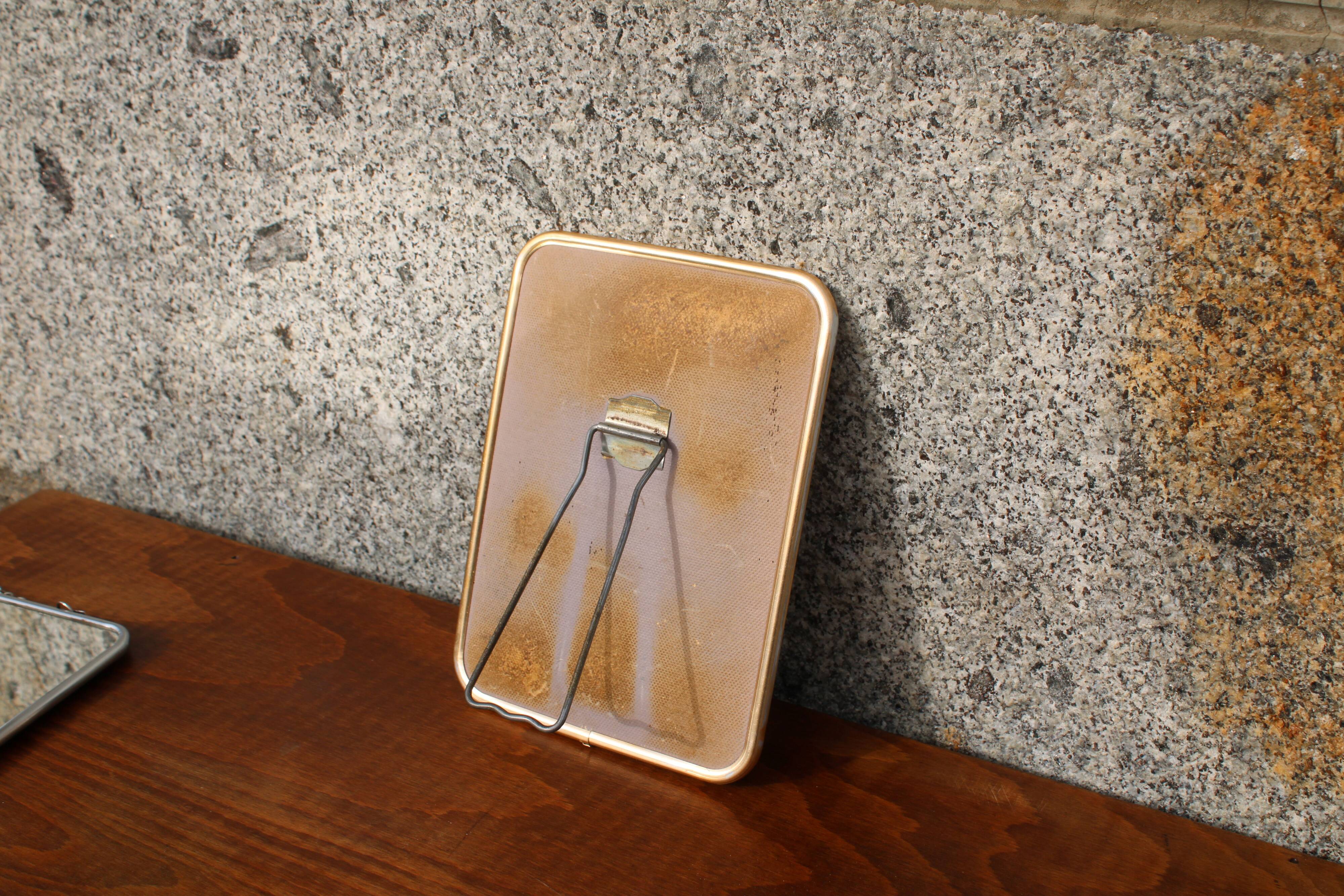 Small vintage tabletop mirror – gold metal frame in barber style