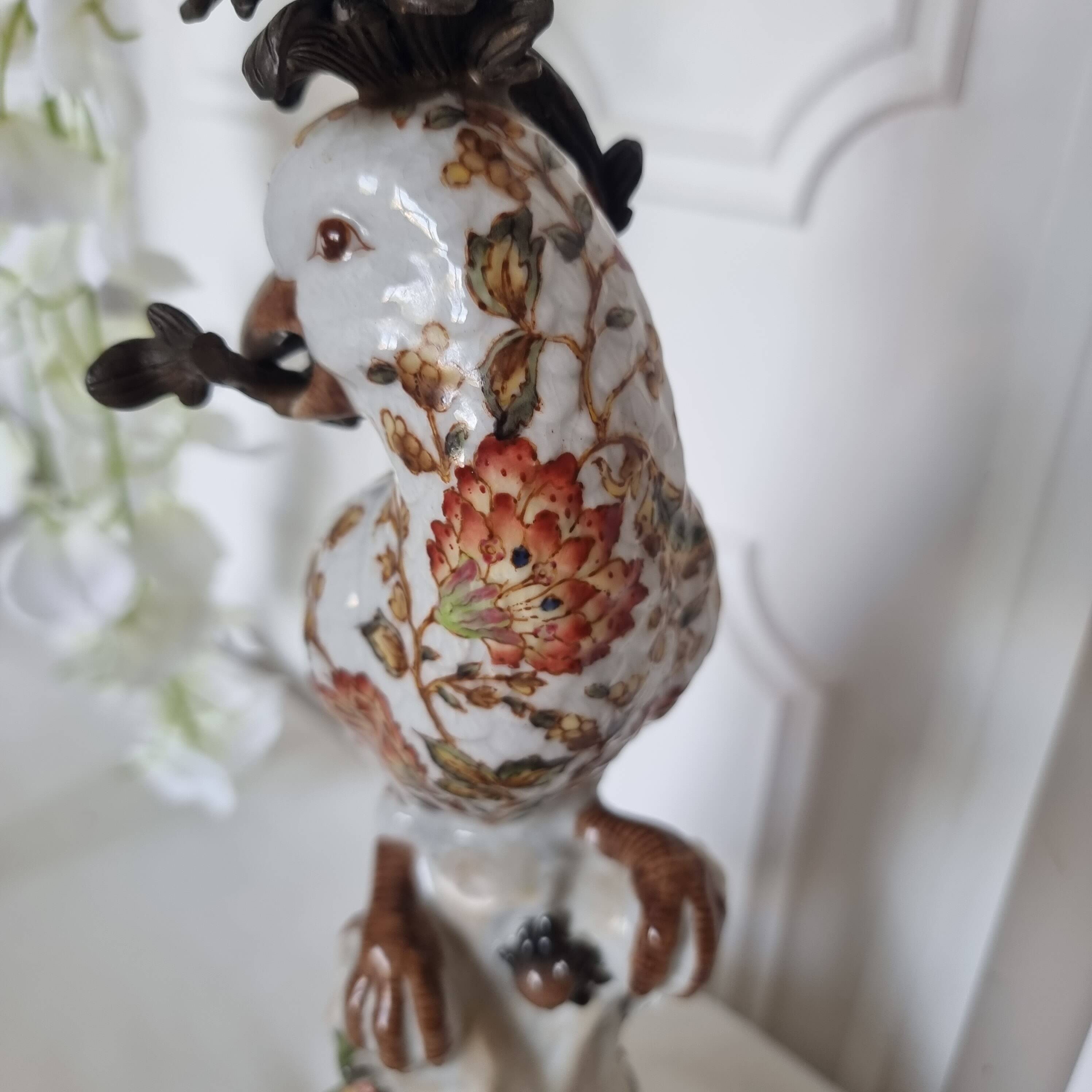 Parrot Candle Holder, Enameled Porcelain and Bronze, Late 19th Century