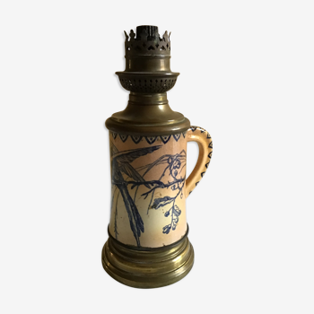 Oil lamp foot, ancient 19th century, bronze and ceramic blue bird motif