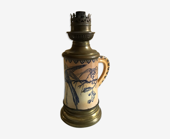 Pied de lampe à pétrole, ancien XIX, bronze et céramique motif oiseau bleu  | Selency