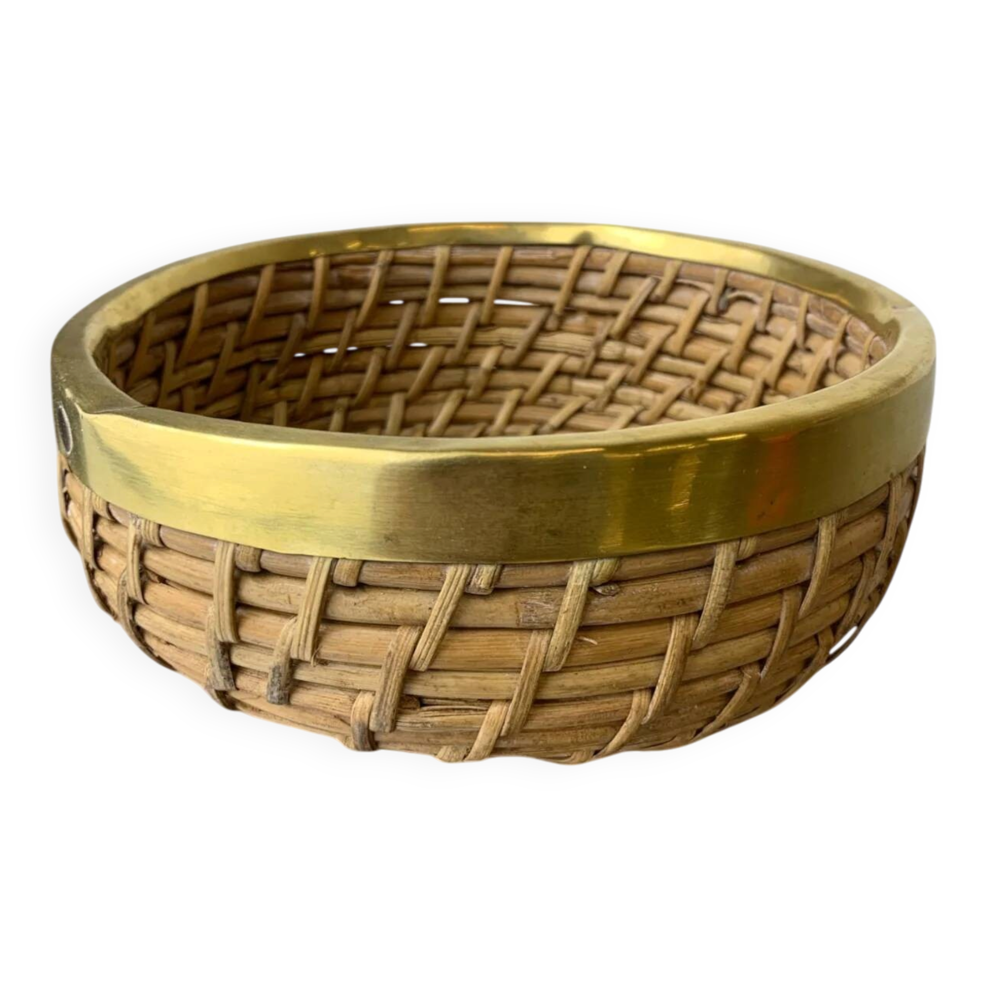 Circular rattan and brass basket, Italy, circa 1970