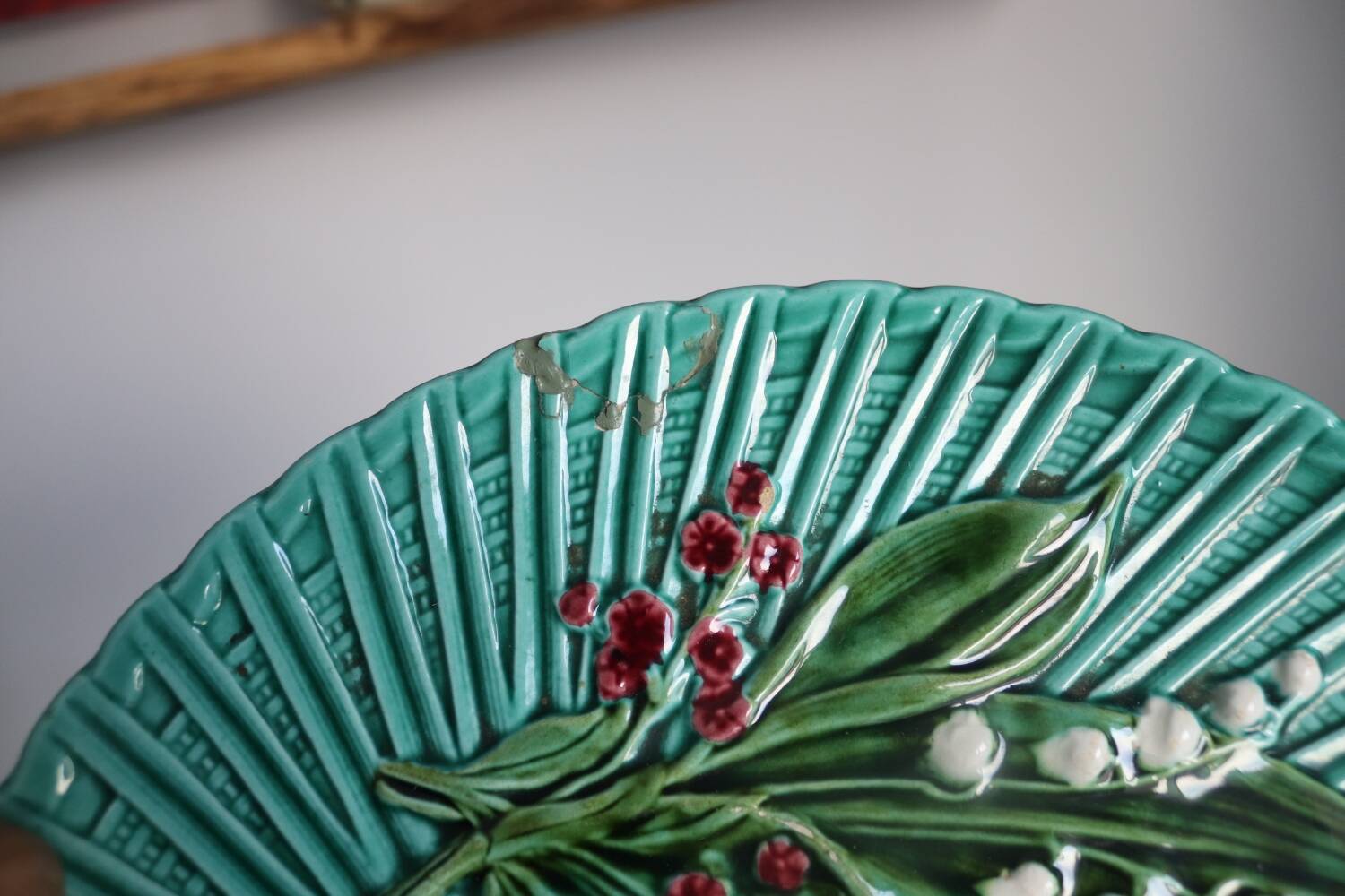 SMF Schramberg Majolica Fruit Dish Lily of the Valley and Forget-Me-Nots