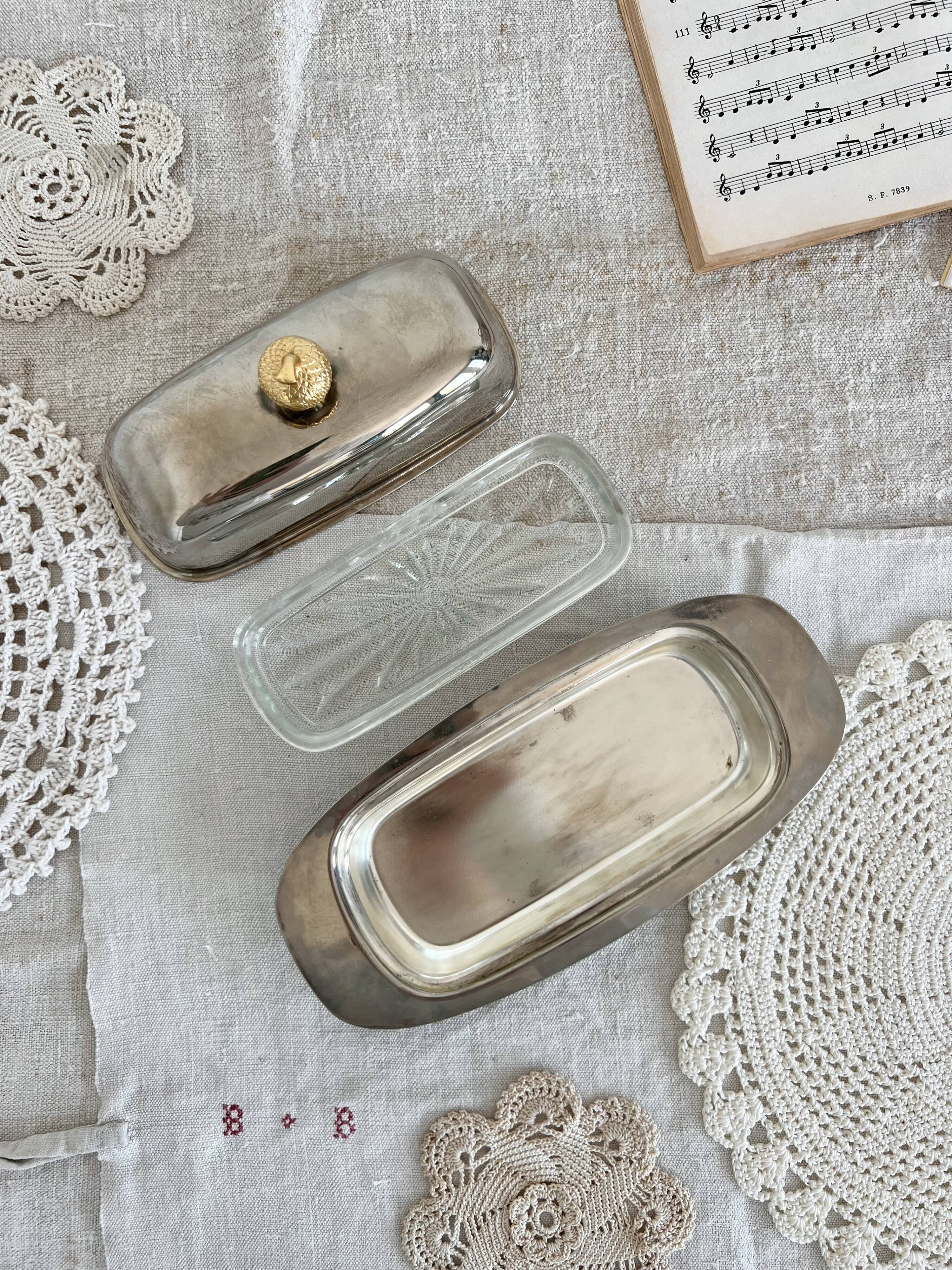 Vintage stainless steel butter dish, acorn and molded glass cup