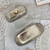 Vintage stainless steel butter dish, acorn and molded glass cup
