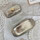 Vintage stainless steel butter dish, acorn and molded glass cup