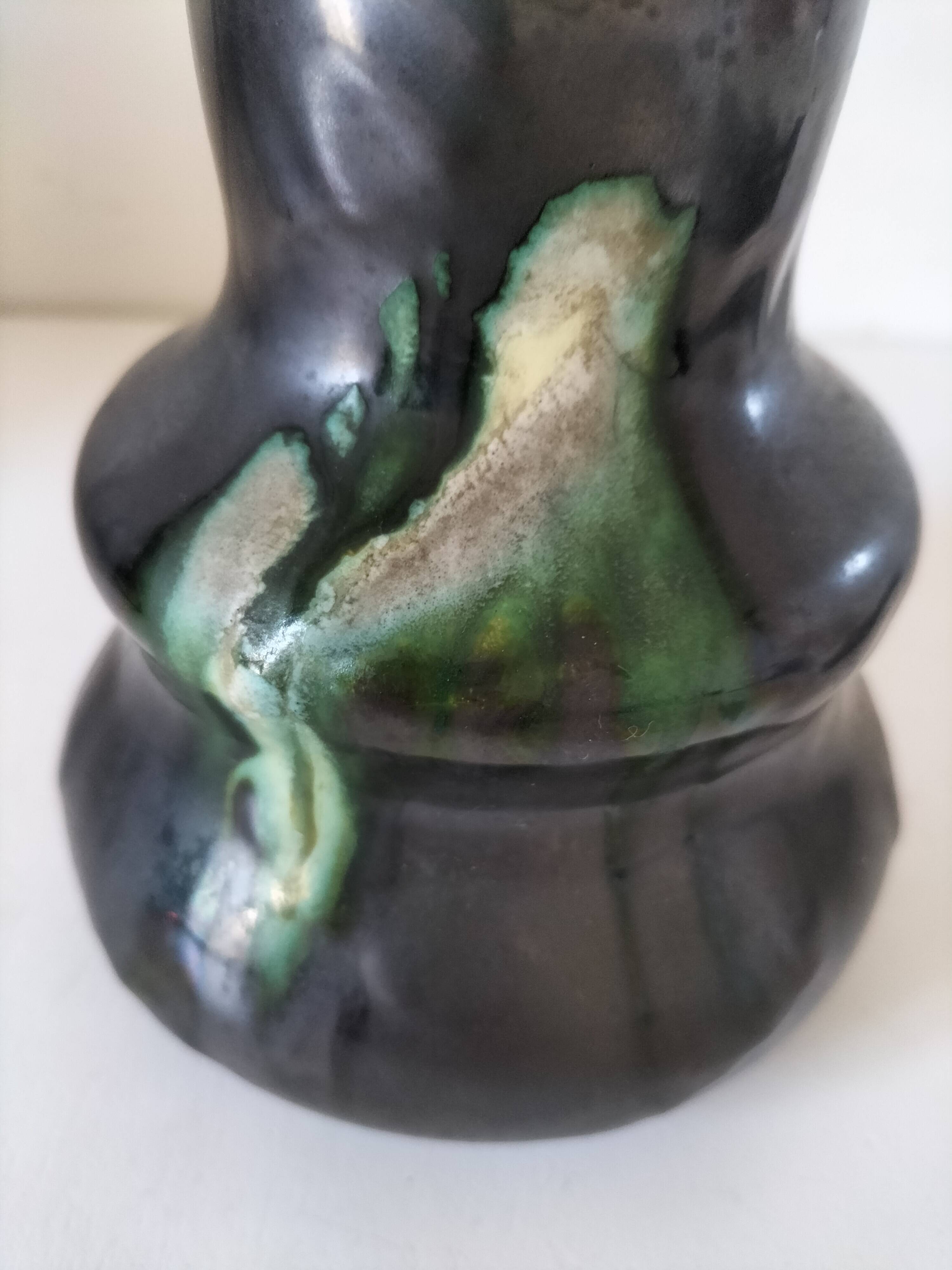 Thulin vase Belgium flamed green black enamel