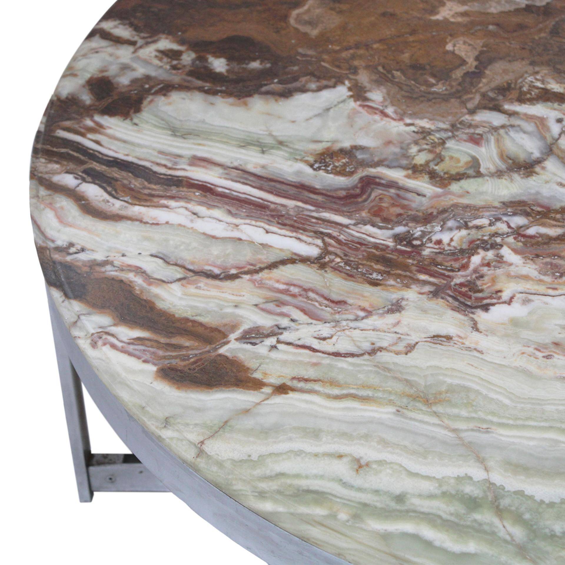 Mid-Century Modern Italian Round Coffee Table with Onyx Top and Sleek Steel Fram