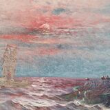 1950's Large Swedish Mid-Century Oil On Canvas " Sailing at Sunset " by Johan Ossian Andersson